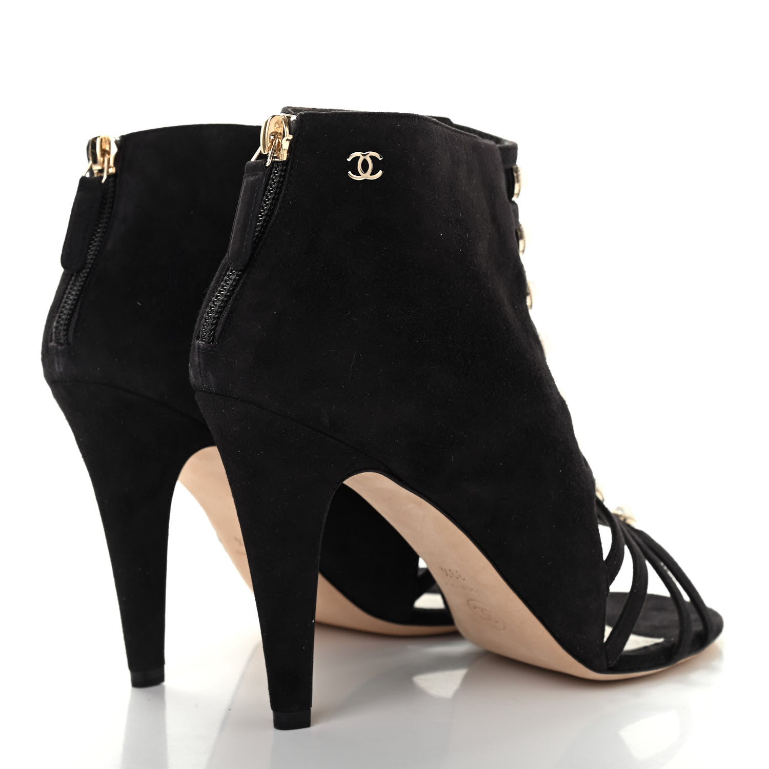 Chanel Suede Pearl Open Toe Caged Ankle Boots 39.5 Dark Grey 4 of 9