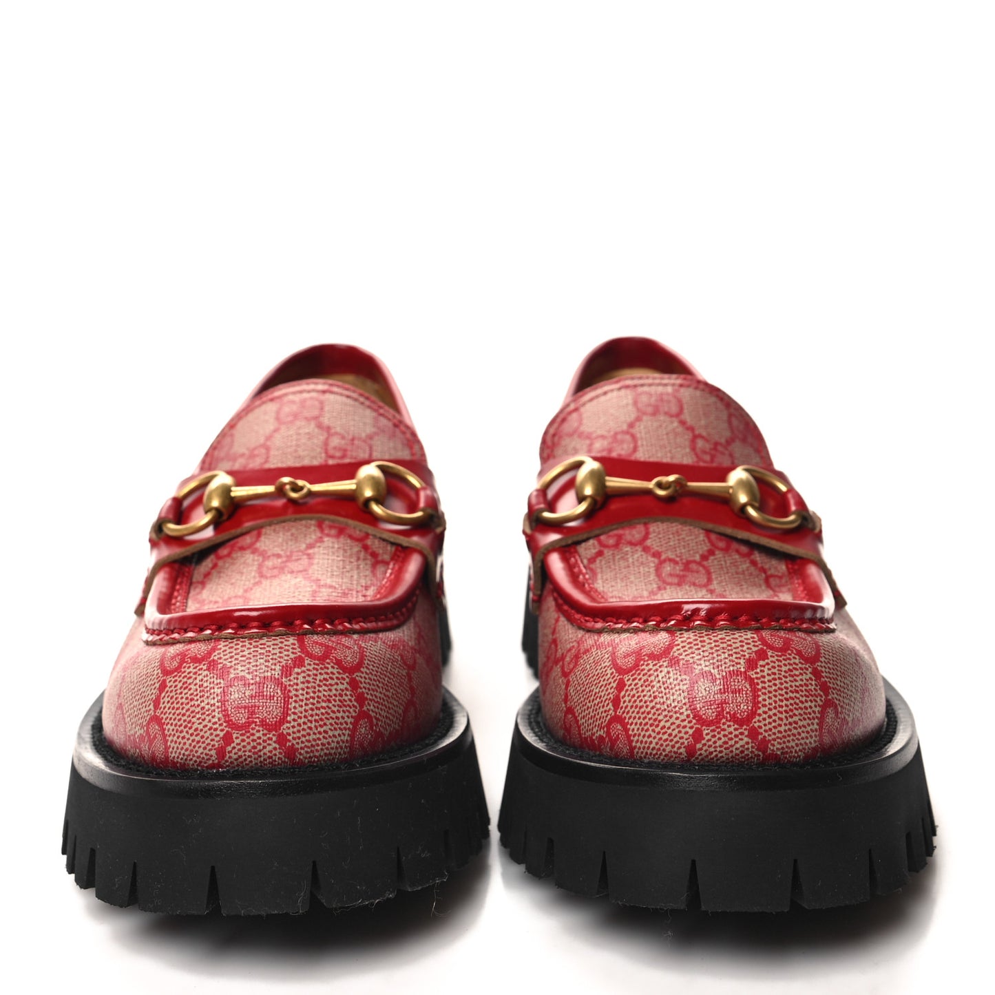 GG Supreme Monogram Cordovan Lux Womens Harald Horsebit 25mm Platform Loafers 37.5 Beige Hibiscus Red