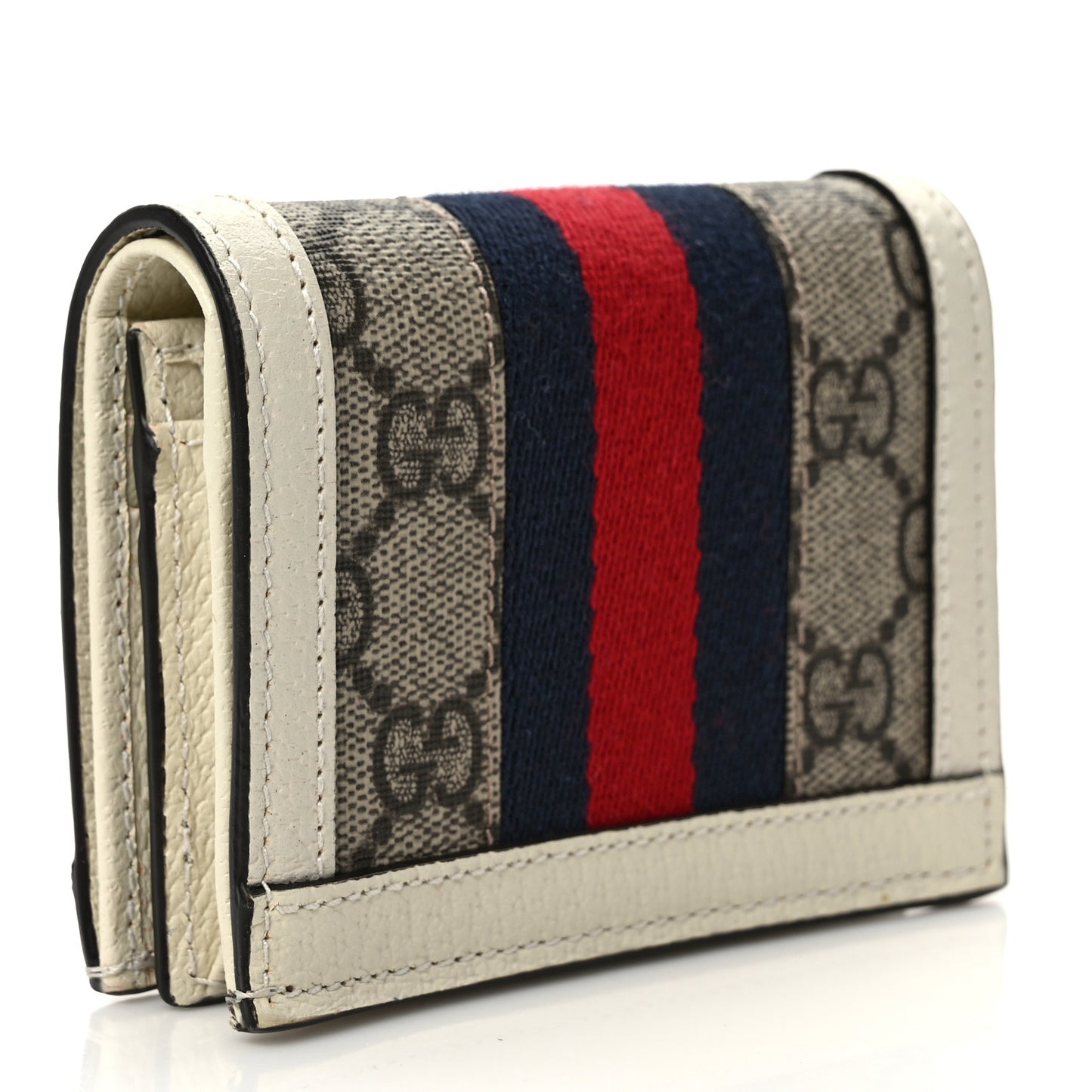 GG Supreme Monogram Textured Dollar Calfskin Web Ophidia Card Case Beige Ebony Mystic White