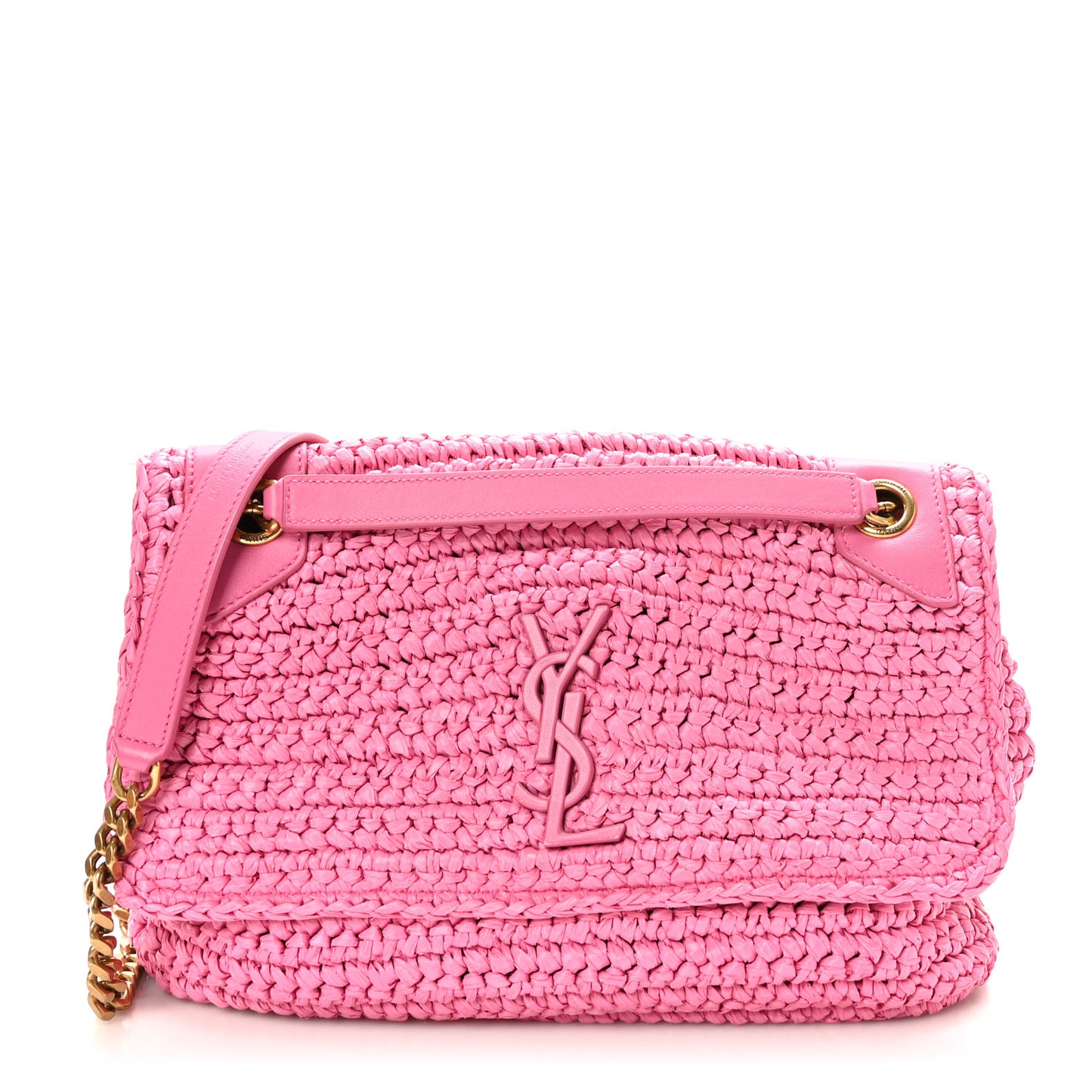 Raffia Calfskin Monogram Medium Niki Chain Satchel Bright Pink