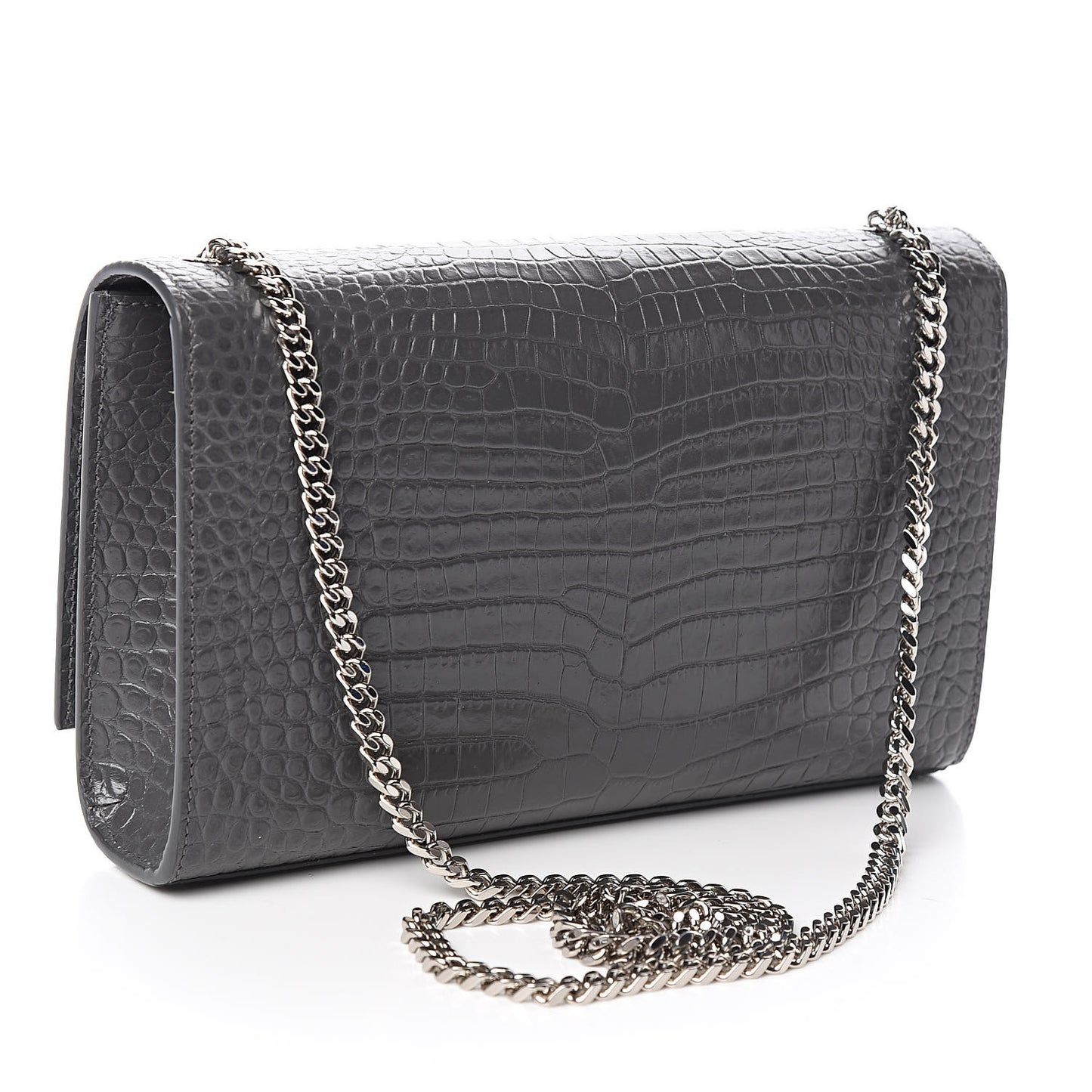 Calfskin Crocodile Embossed Medium Classic Monogram Kate Tassel Satchel Fog