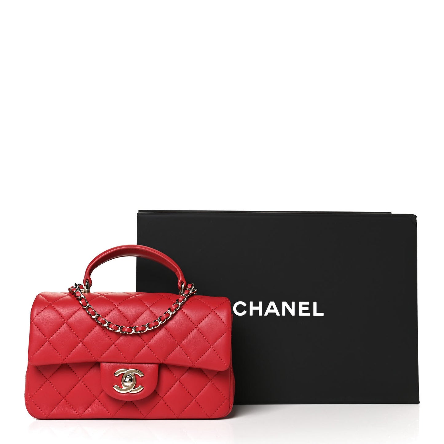 Lambskin Quilted Mini Top Handle Rectangular Flap Red