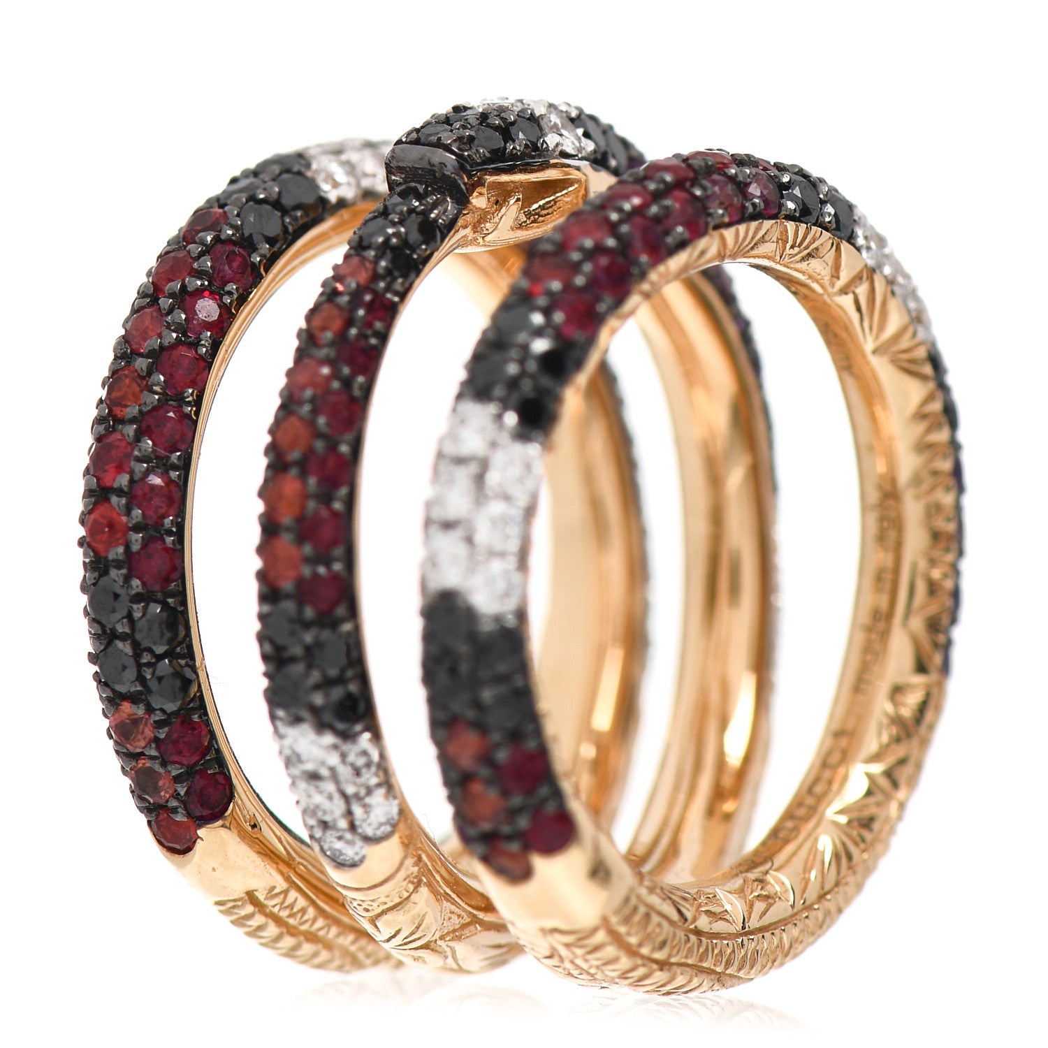 Gucci 18K Yellow Gold Black Diamond Topaz Sapphire Diamond Ouroboros Snake Three-Row Ring 44 3 4 of 7