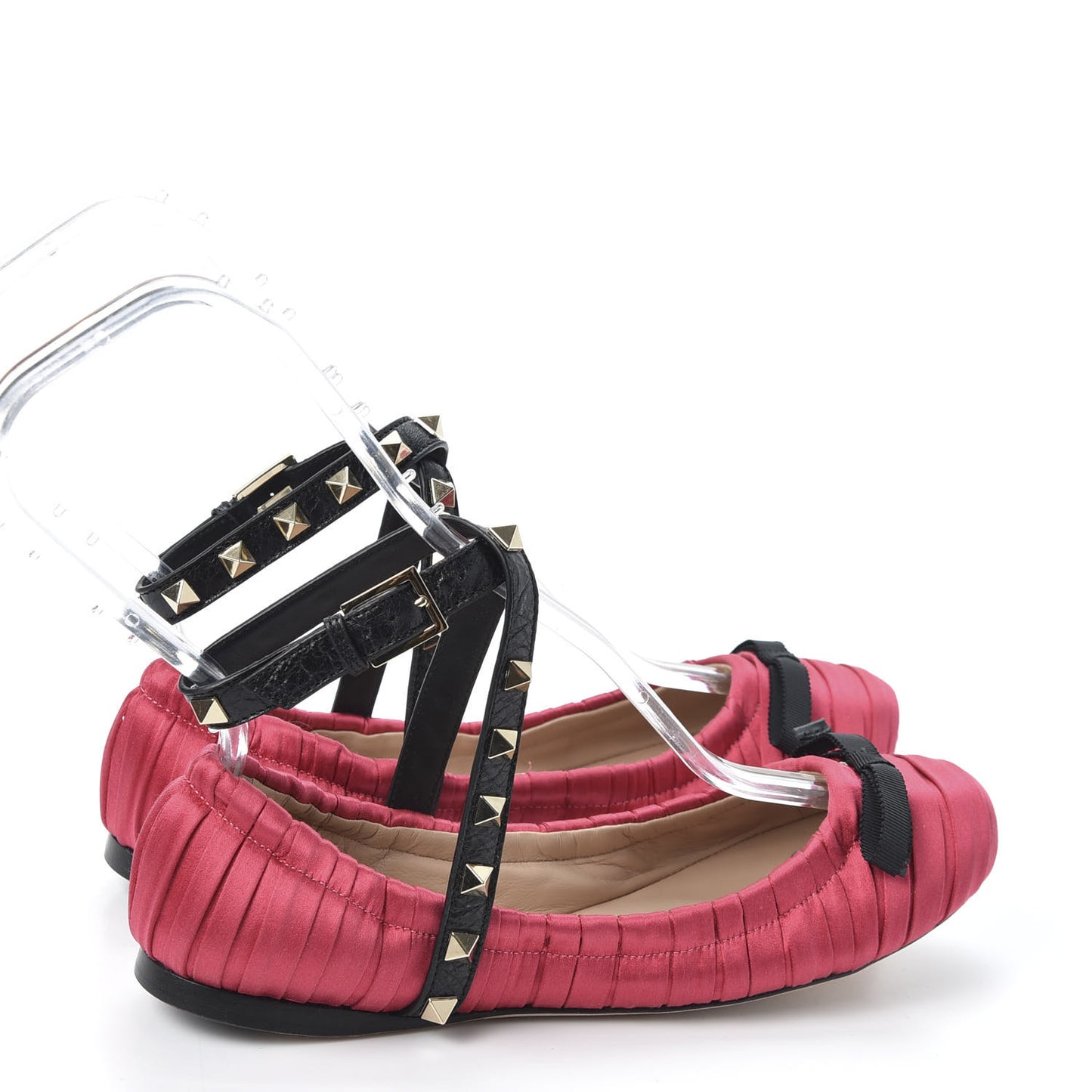 Satin Rockstud Ankle Strap Ballet Flats 35 Fuchsia