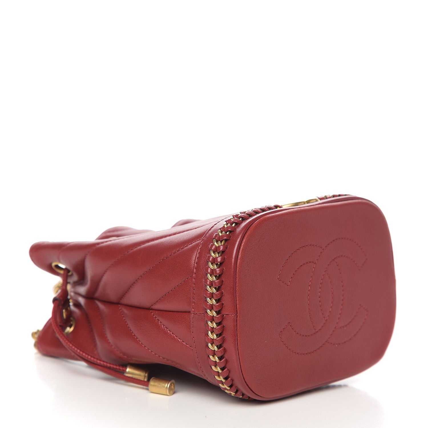 Chanel Sheepskin Chevron Quilted Small Drawstring Bag Dark Red 3 of 10