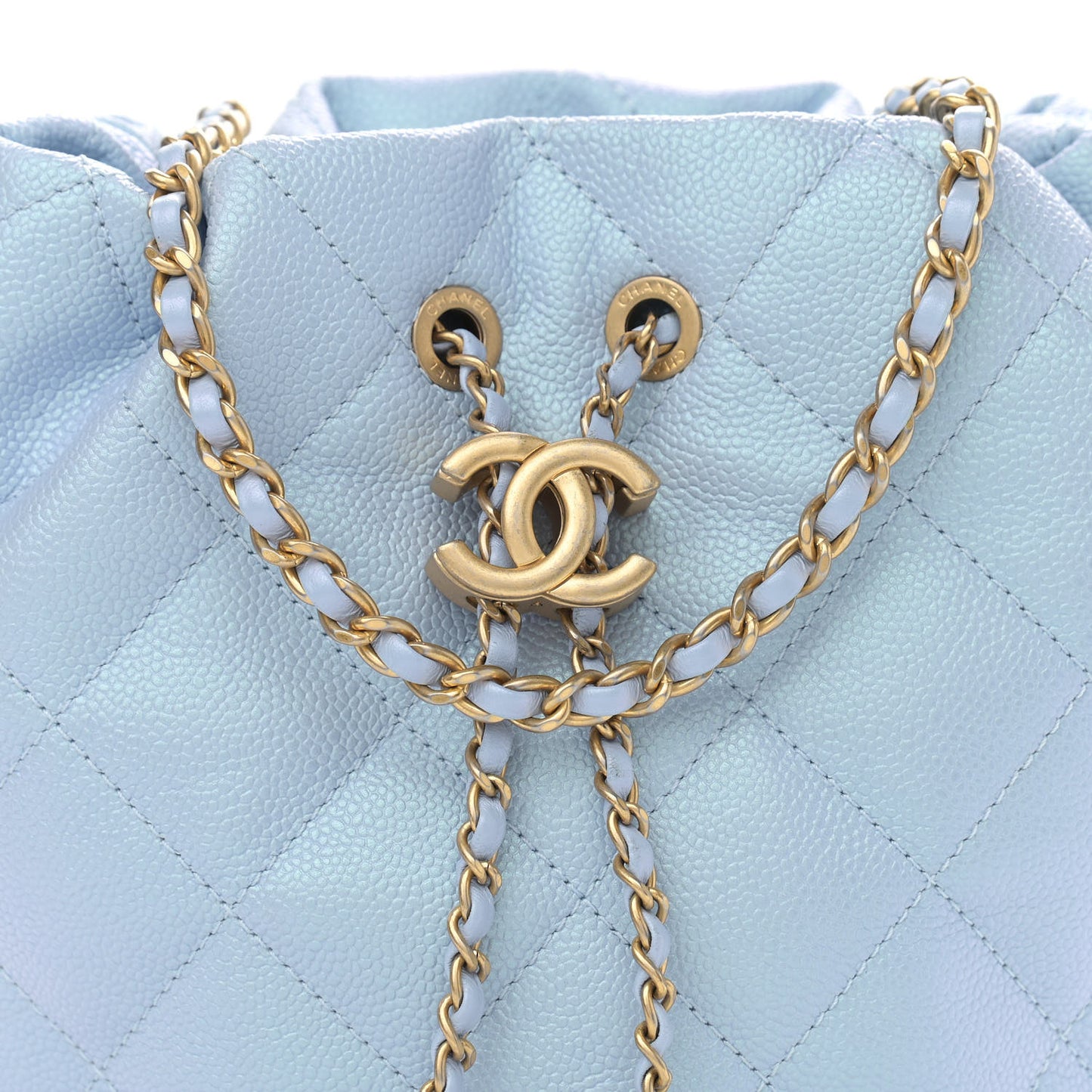Iridescent Caviar Quilted My Perfect CC Bucket Drawstring Bag Light Blue