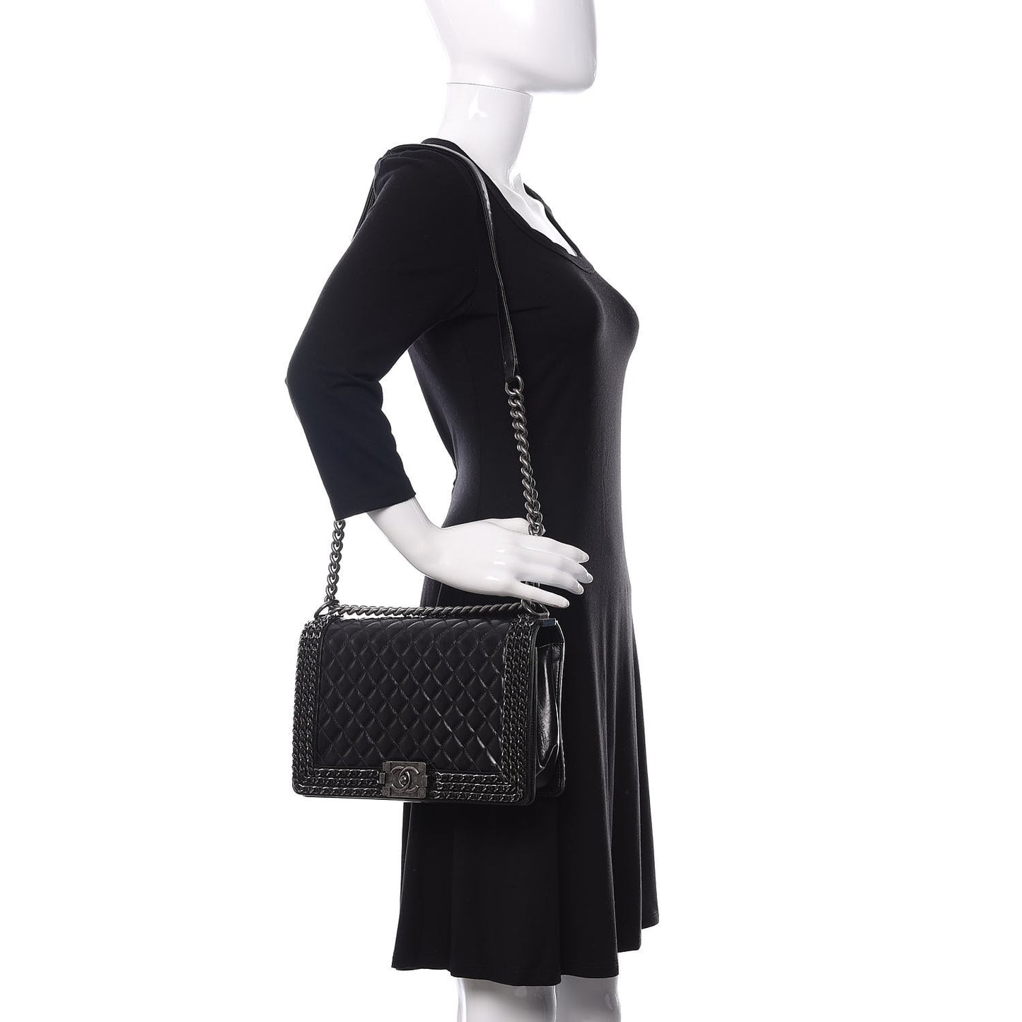 Glazed Calfskin Quilted New Medium Boy Chained Flap Black
