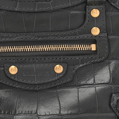 Balenciaga Shiny Supple Calfskin Crocodile Embossed Neo Classic Gold Hardware Mini City Black 9 of 13