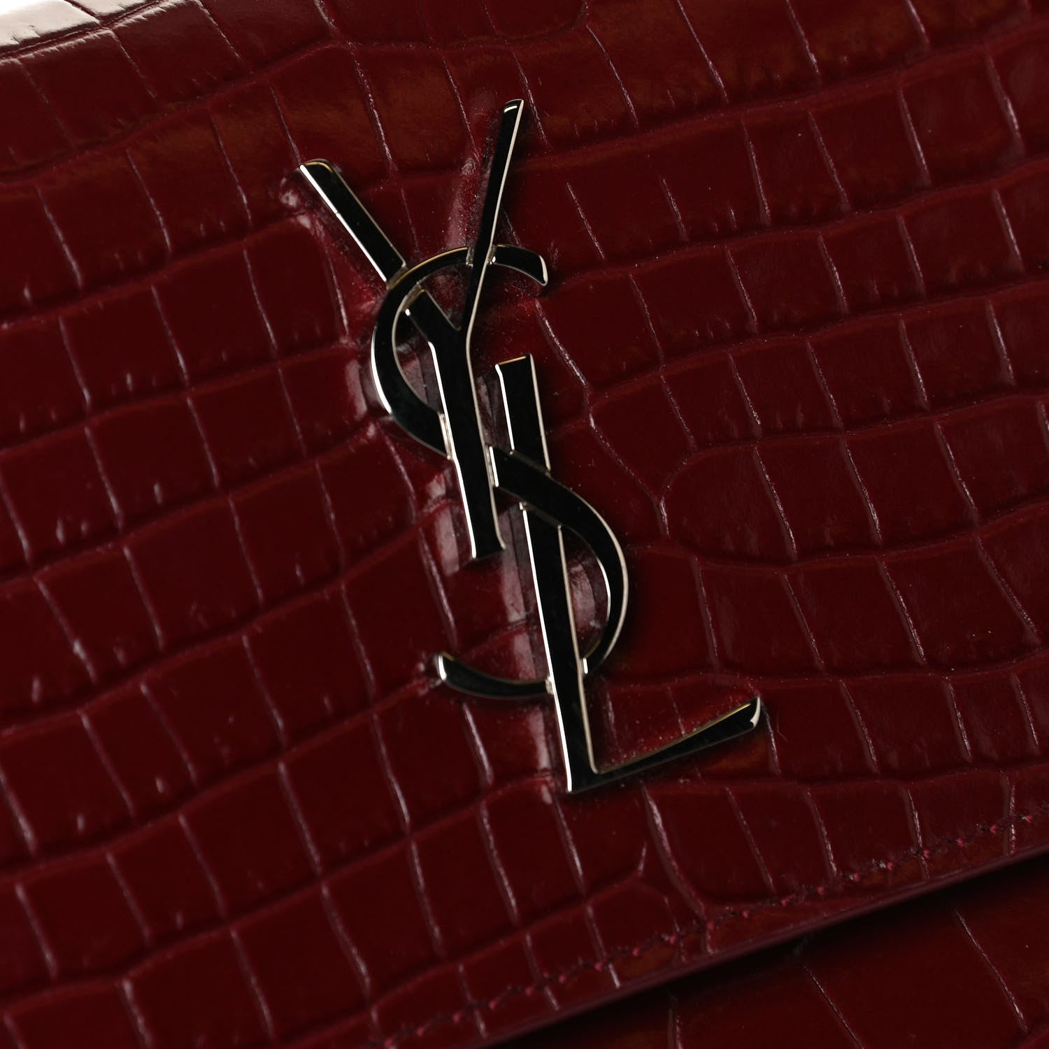 Saint Laurent Calfskin Crocodile Embossed Monogram Sunset Chain Wallet Palissandre 11 of 13