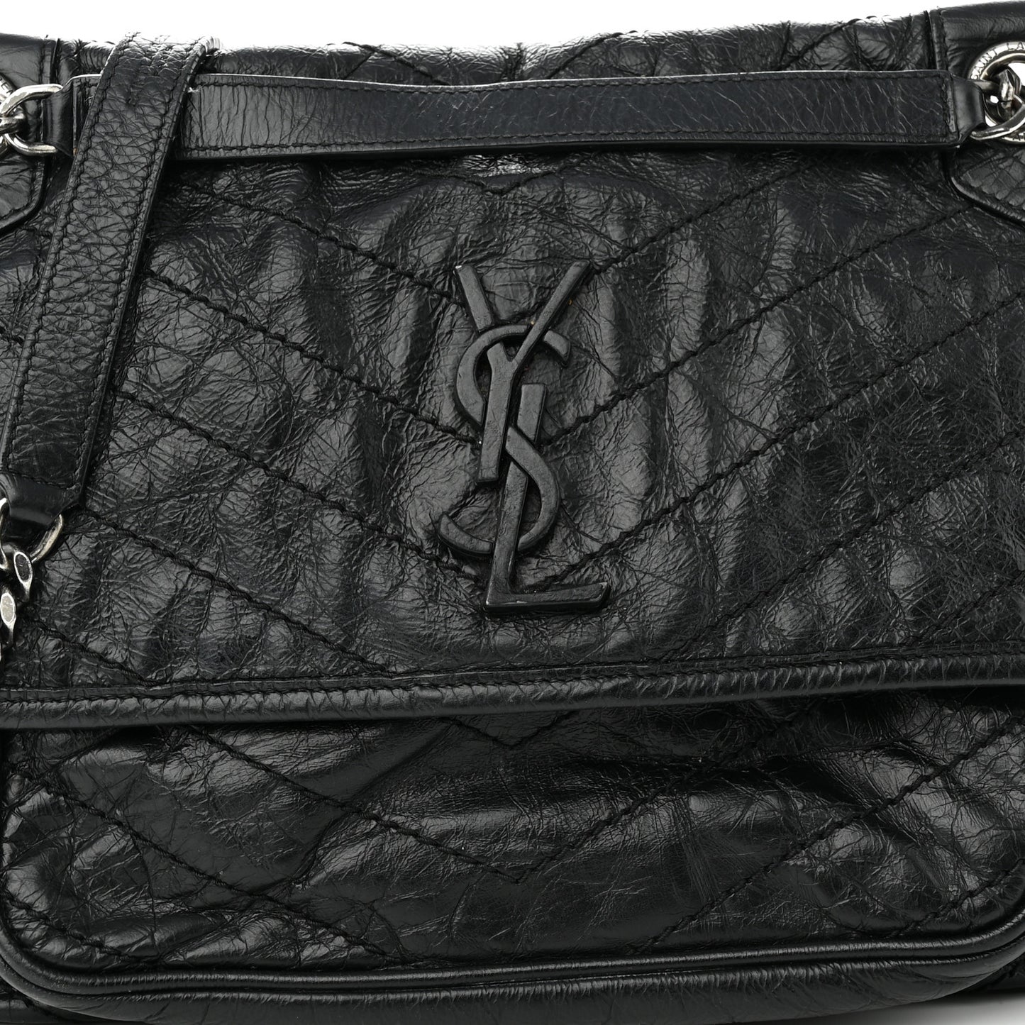 Crinkled Calfskin Matelasse Monogram Large Niki Chain Satchel Black