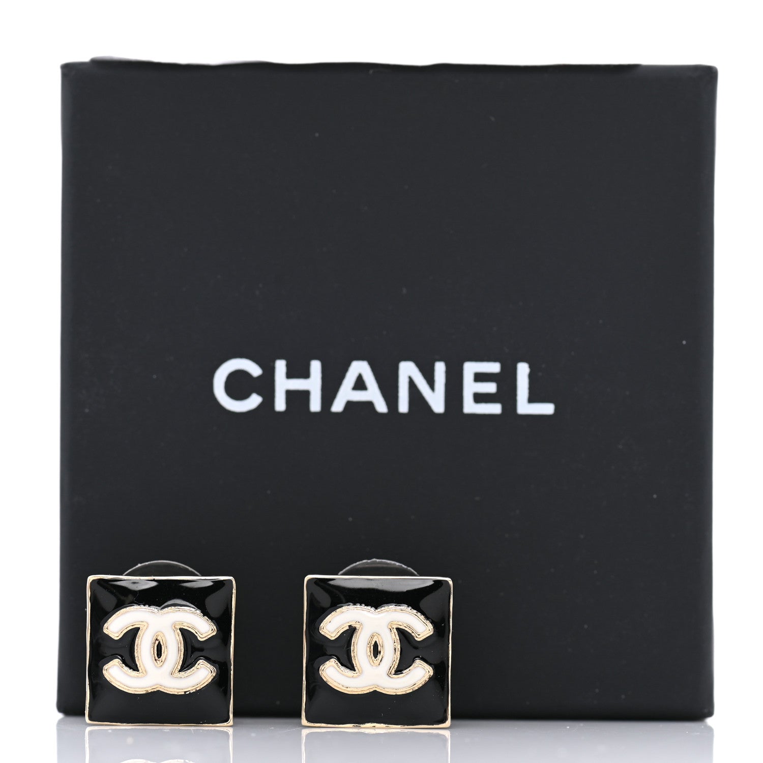 Chanel Metal Enamel CC Square Earrings Gold Black 5 of 5
