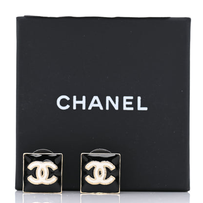 Chanel Metal Enamel CC Square Earrings Gold Black 5 of 5