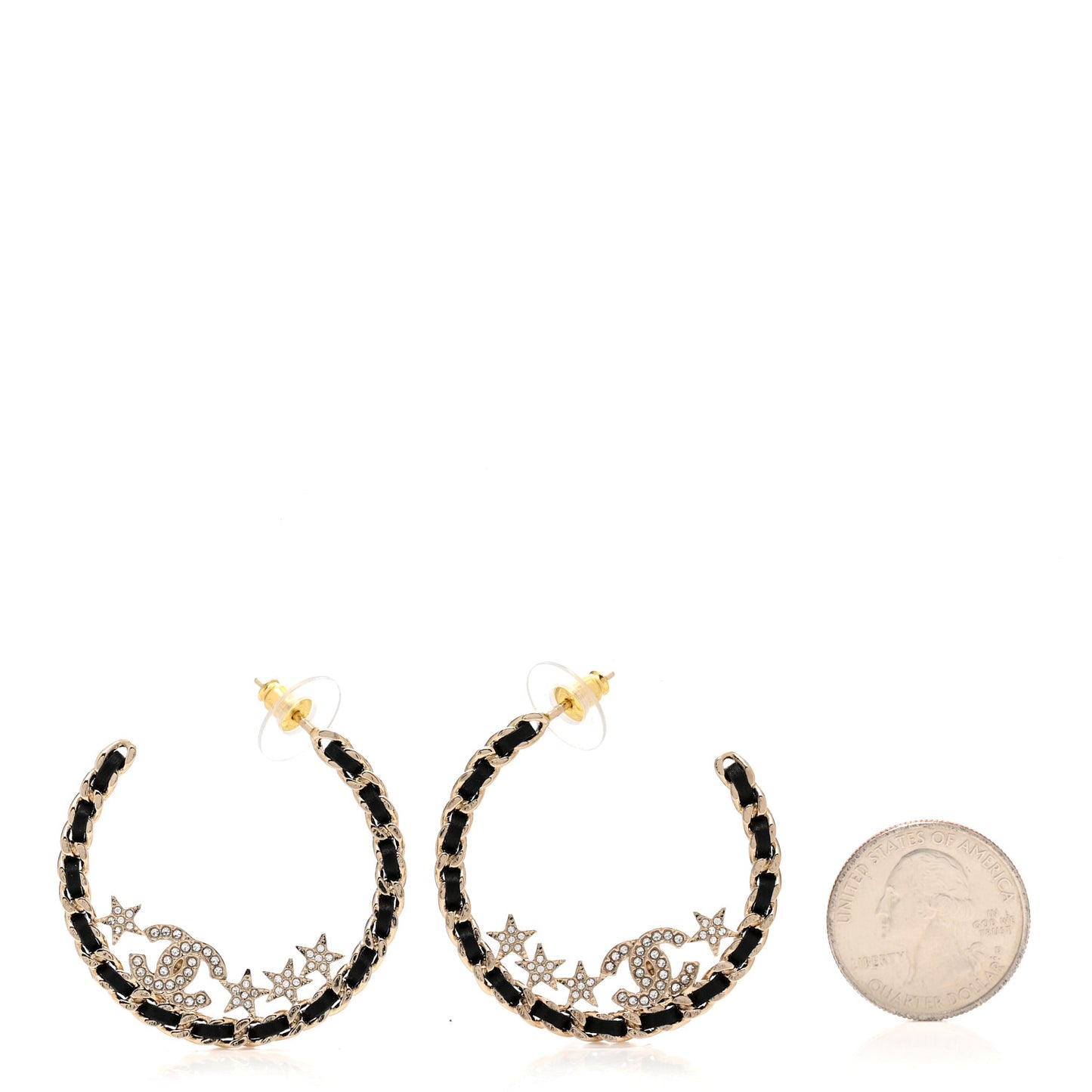 Lambskin Chain Crystal CC Star Chain Hoop Earrings Gold Black