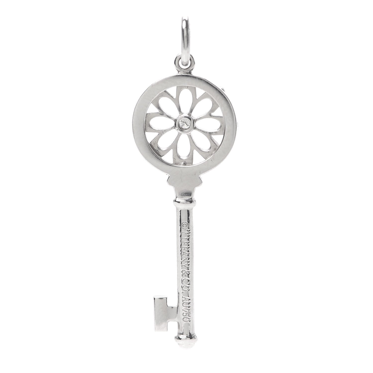 Tiffany 18K White Gold Diamond Floral Key Pendant 3 of 4