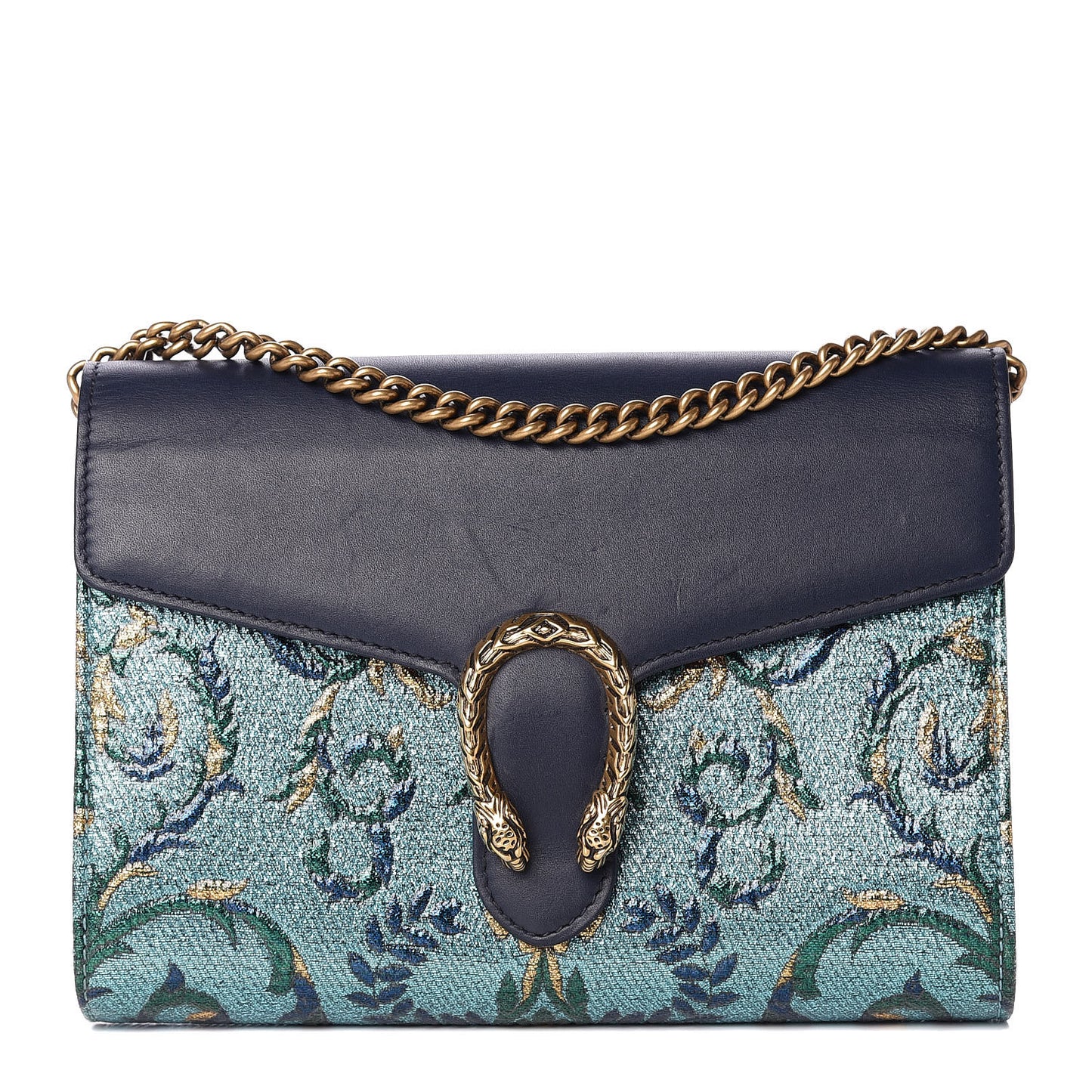 Metallic Brocade Calfskin Mini Dionysus Chain Wallet Black Blue Azure