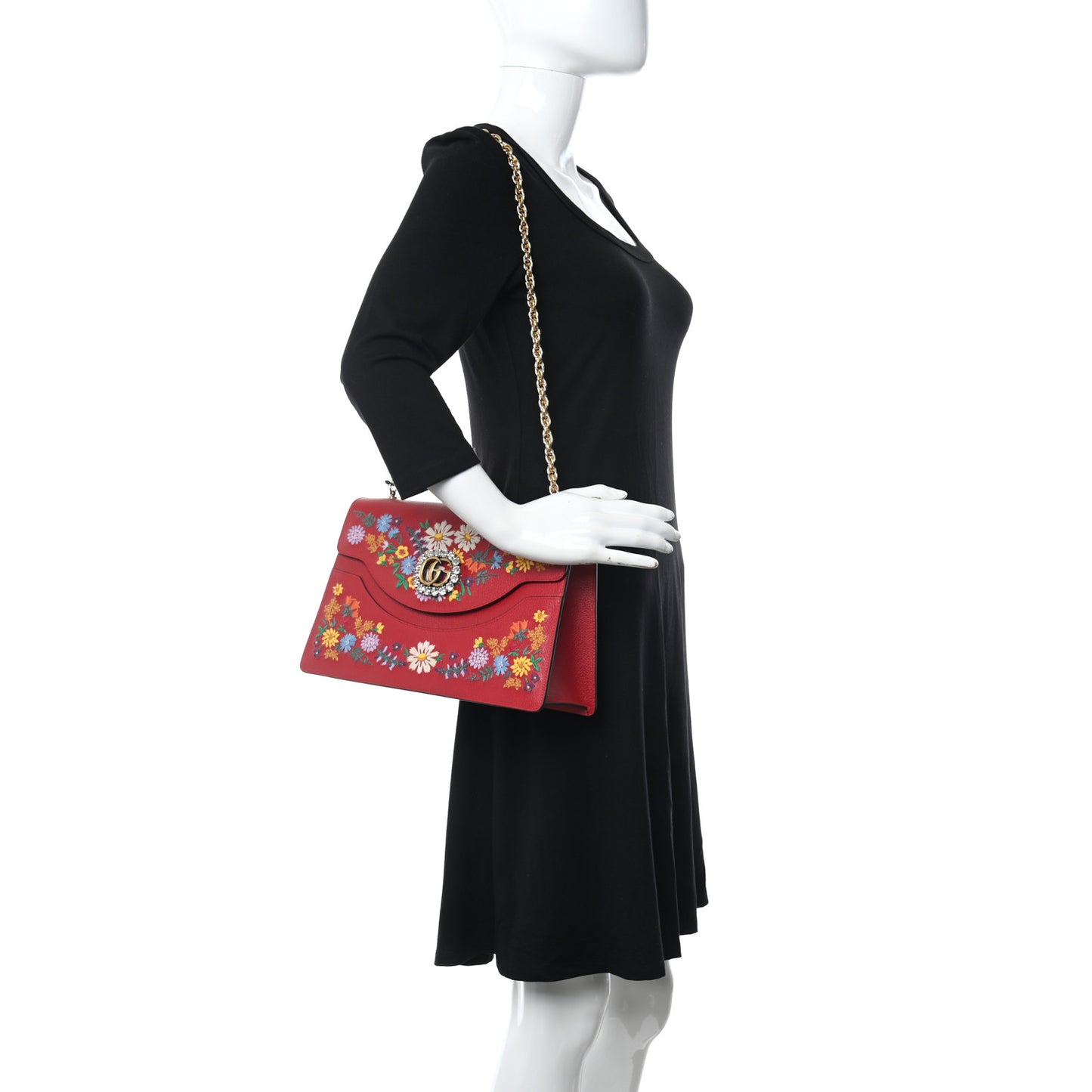 Calfskin Embroidered Medium Shoulder Bag Hibiscus Red