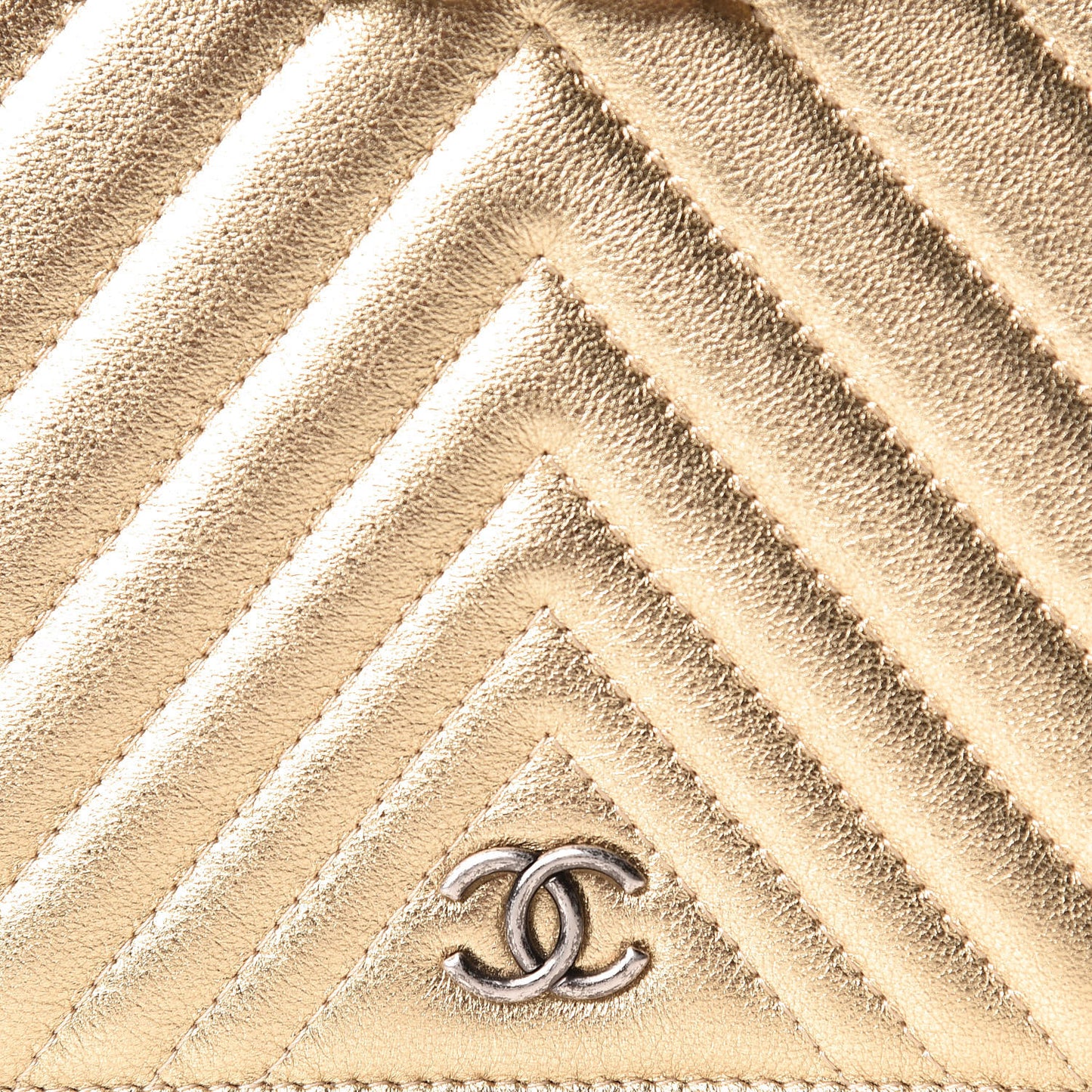Metallic Lambskin Chevron Quilted Wallet On Chain WOC Gold