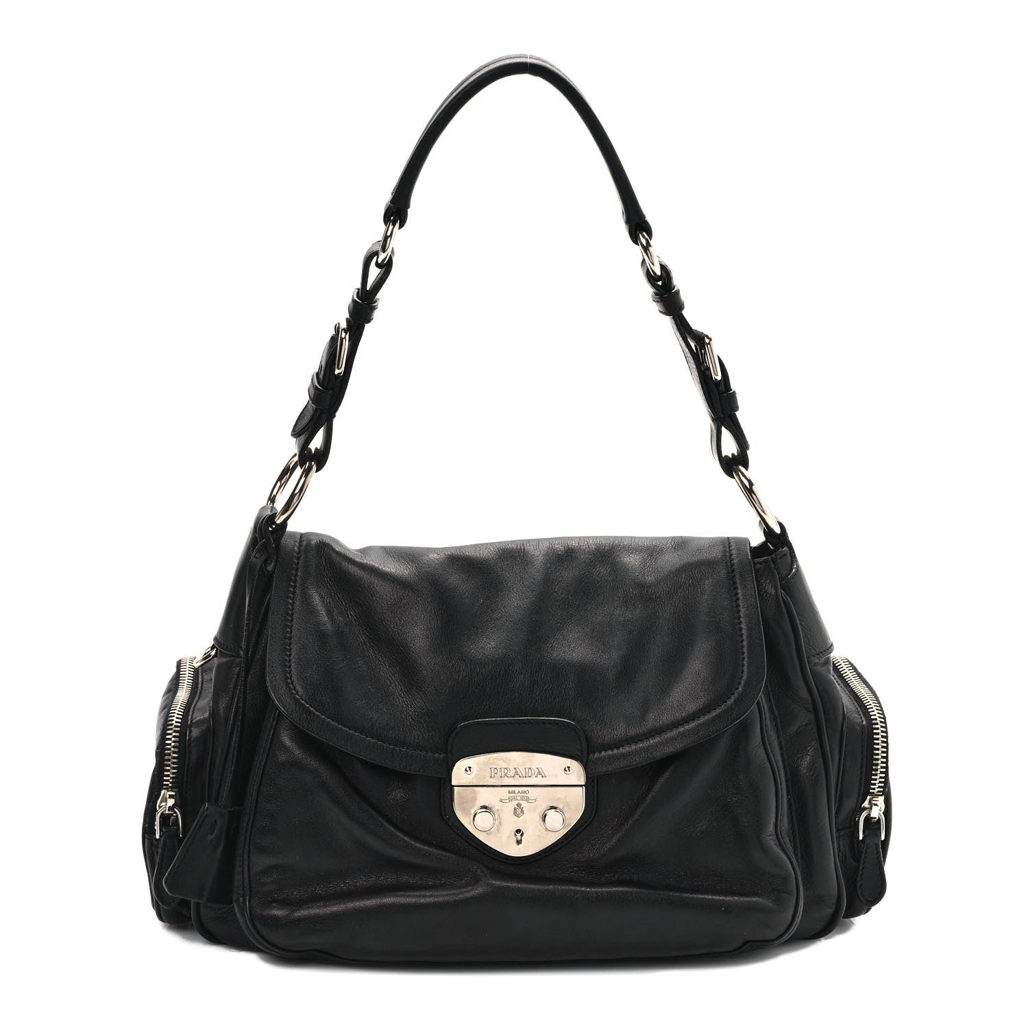 Prada Cervo Antik Easy A Foldover Pushlock Flap Shoulder Bag Black 1 of 14