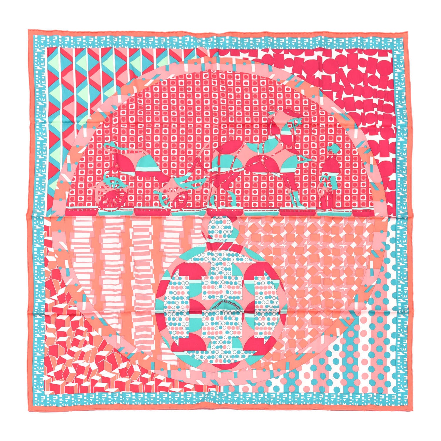 Hermes Silk Ex-Libris En Cravates 90 Scarf Saumon Turquoise Framboise 1 of 4