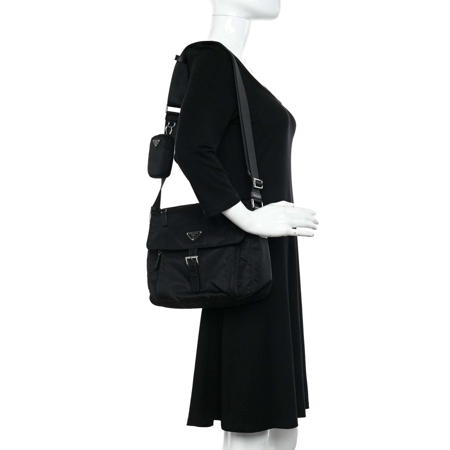 Prada Re-Nylon Vela Saffiano Pocket Single Buckle Messenger Shoulder Bag Black 2 of 9