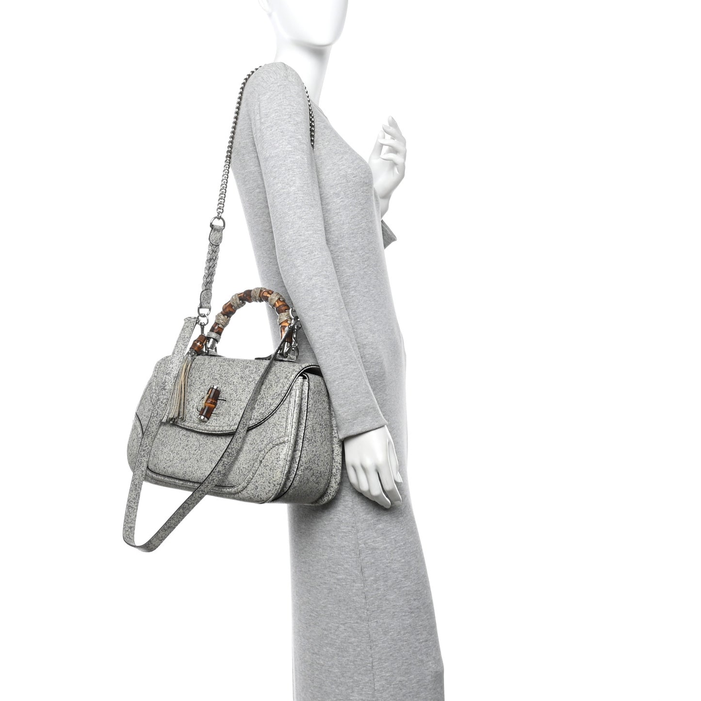 Calfskin Large New Bamboo Top Handle Bag Grey White