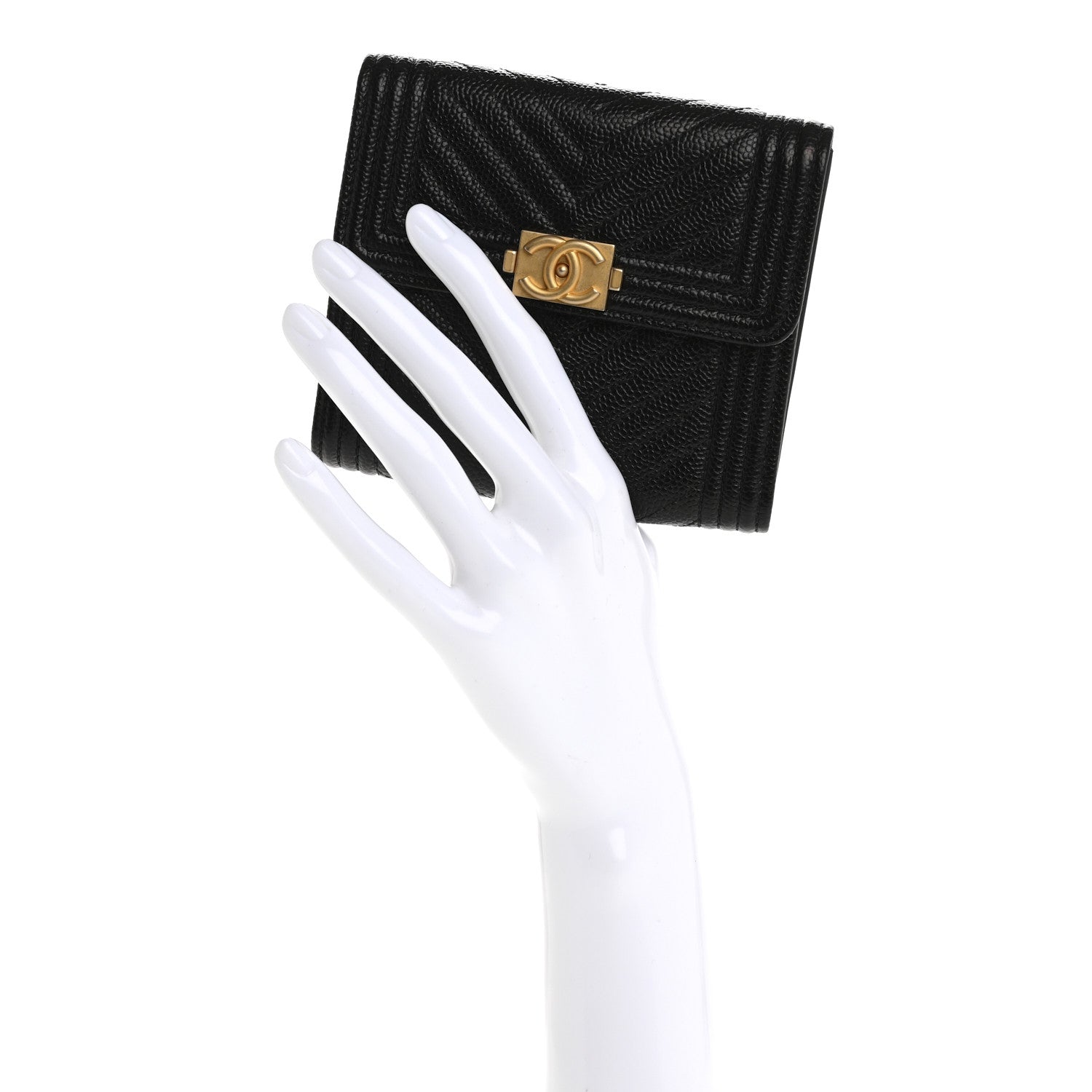 Chanel Caviar Chevron Quilted Boy Compact Wallet Black 2 of 7