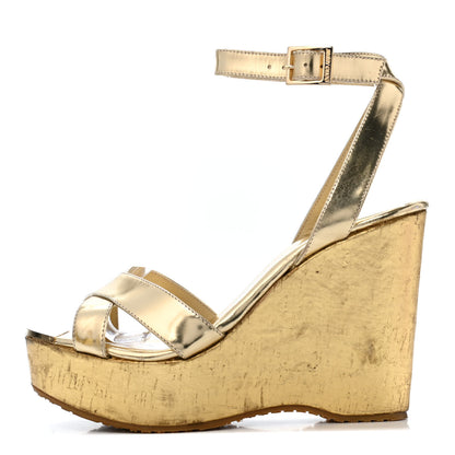 Jimmy Choo Metallic Calfskin Cork Papyrus Wedge Sandal 38 Gold 1 of 16