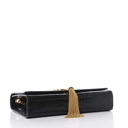 Saint Laurent Calfskin Crocodile Embossed Medium Classic Monogram Kate Tassel Satchel Black 3 of 10