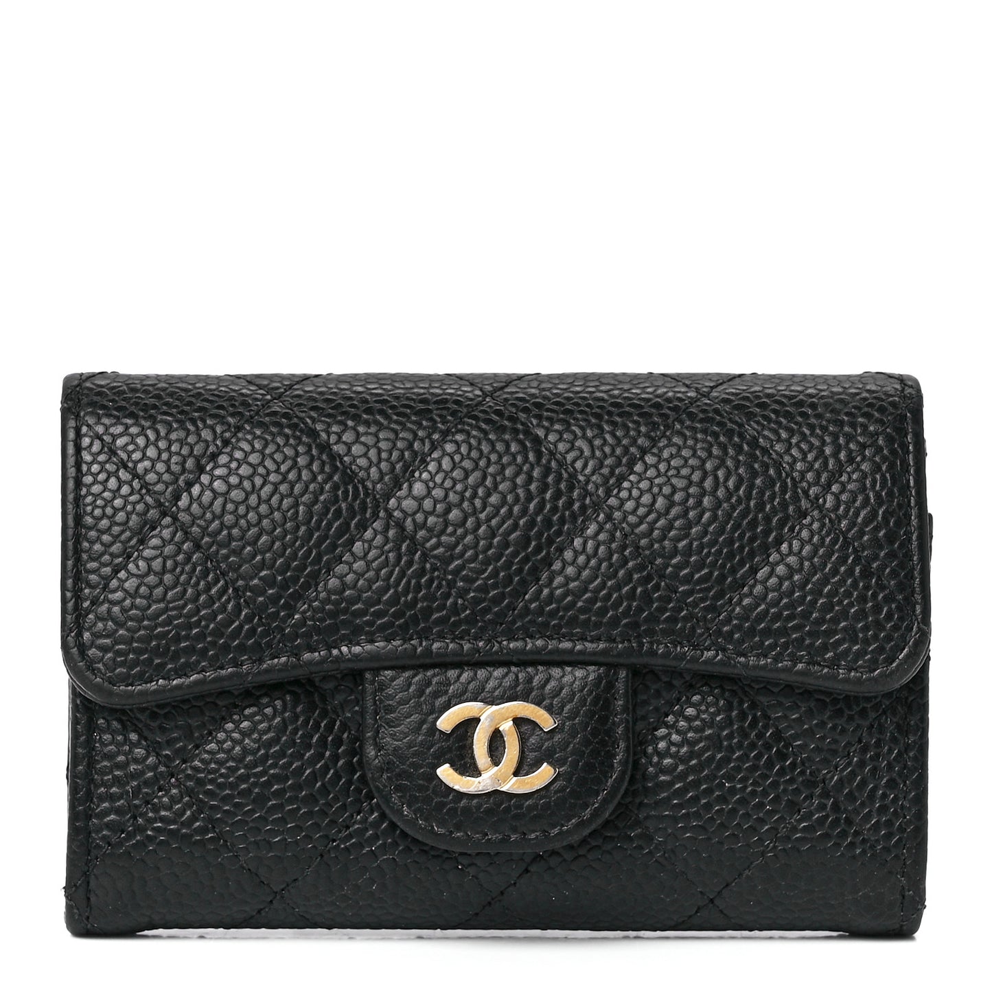 Caviar Quilted Flap Card Holder Wallet Black