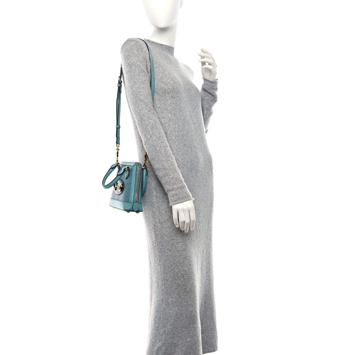 Gucci Straw Azalea Calfskin Woven Mini Horsebit 1955 Top Handle Bag Dusty Azure Black 2 of 9
