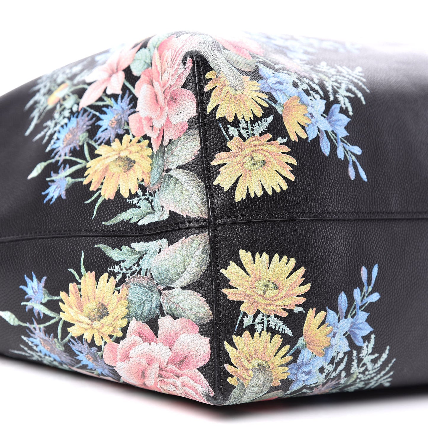 Grained Calfskin Floral Skull Open Shopper Tote Black Multicolor
