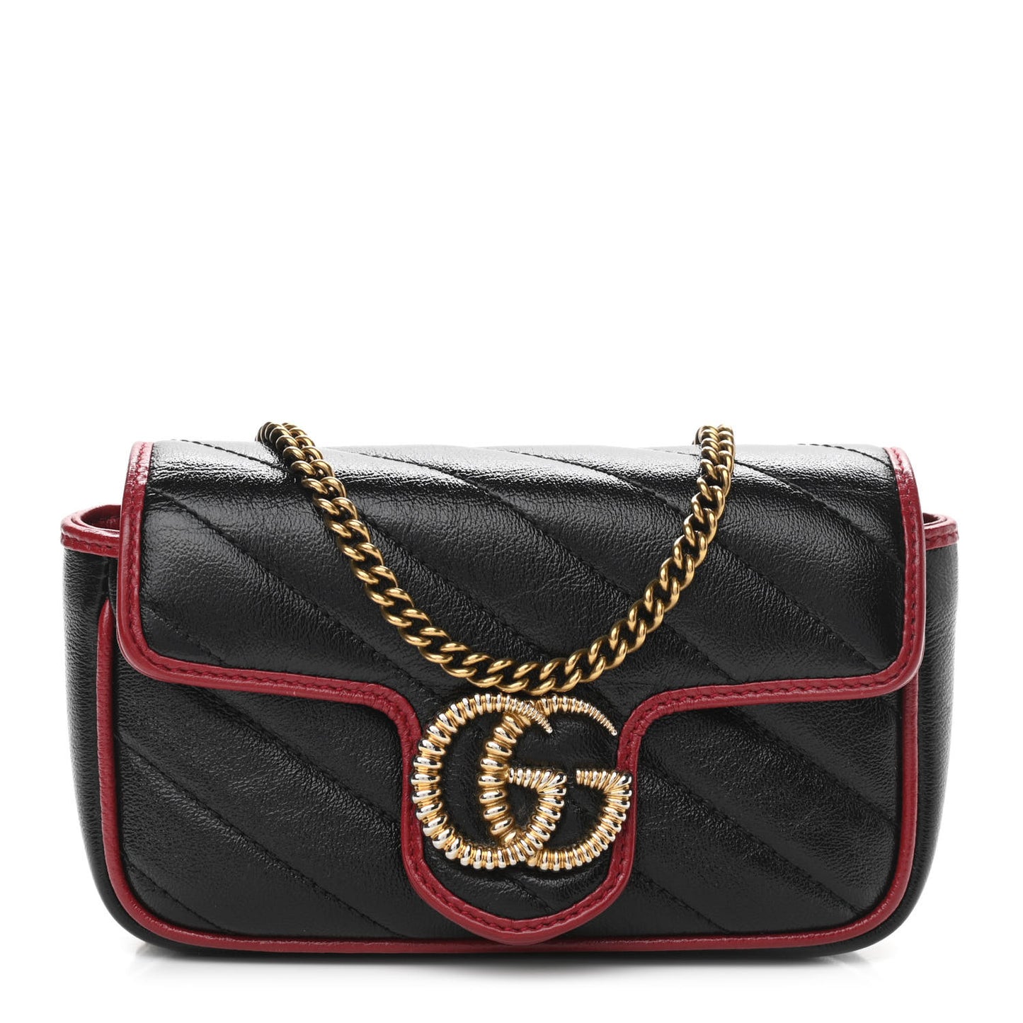 Vintage Effect Calfskin Matelasse Diagonal Super Mini Torchon GG Marmont Shoulder Bag Black Romantic Cherry