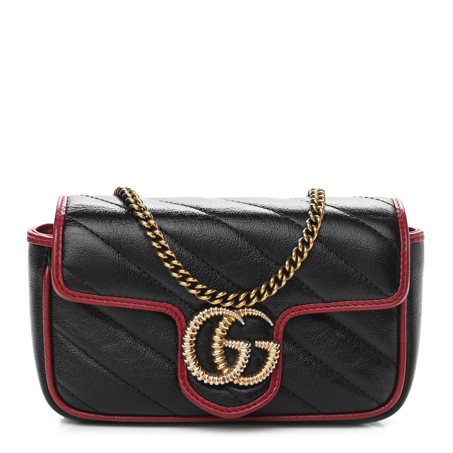 Gucci Vintage Effect Calfskin Matelasse Diagonal Super Mini Torchon GG Marmont Shoulder Bag Black Romantic Cherry 1 of 10