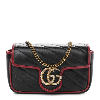 Gucci Vintage Effect Calfskin Matelasse Diagonal Super Mini Torchon GG Marmont Shoulder Bag Black Romantic Cherry 1 of 10