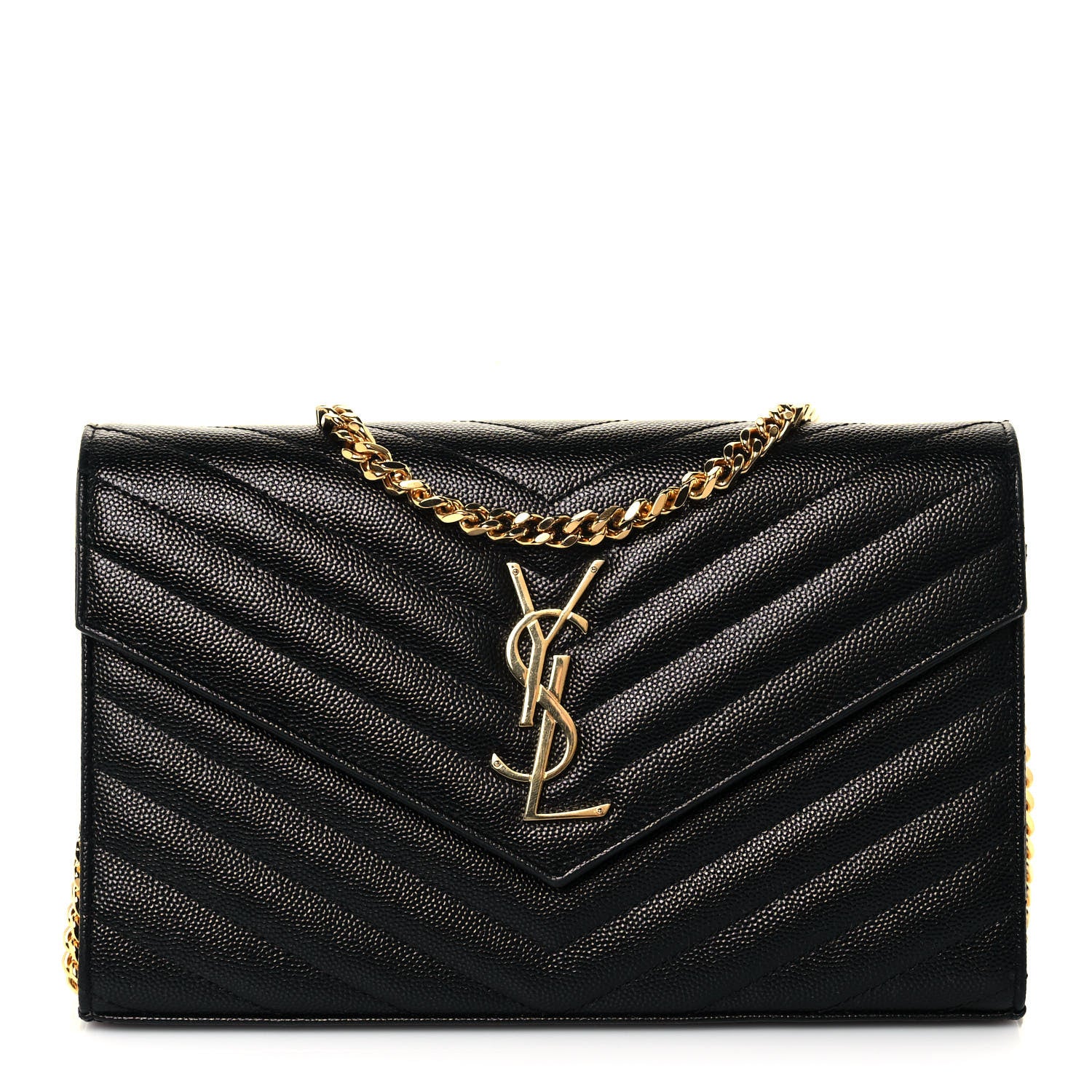 Saint Laurent Grain De Poudre Matelasse Chevron Monogram Chain Wallet Black 1 of 12