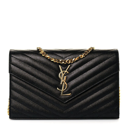 Saint Laurent Grain De Poudre Matelasse Chevron Monogram Chain Wallet Black 1 of 12
