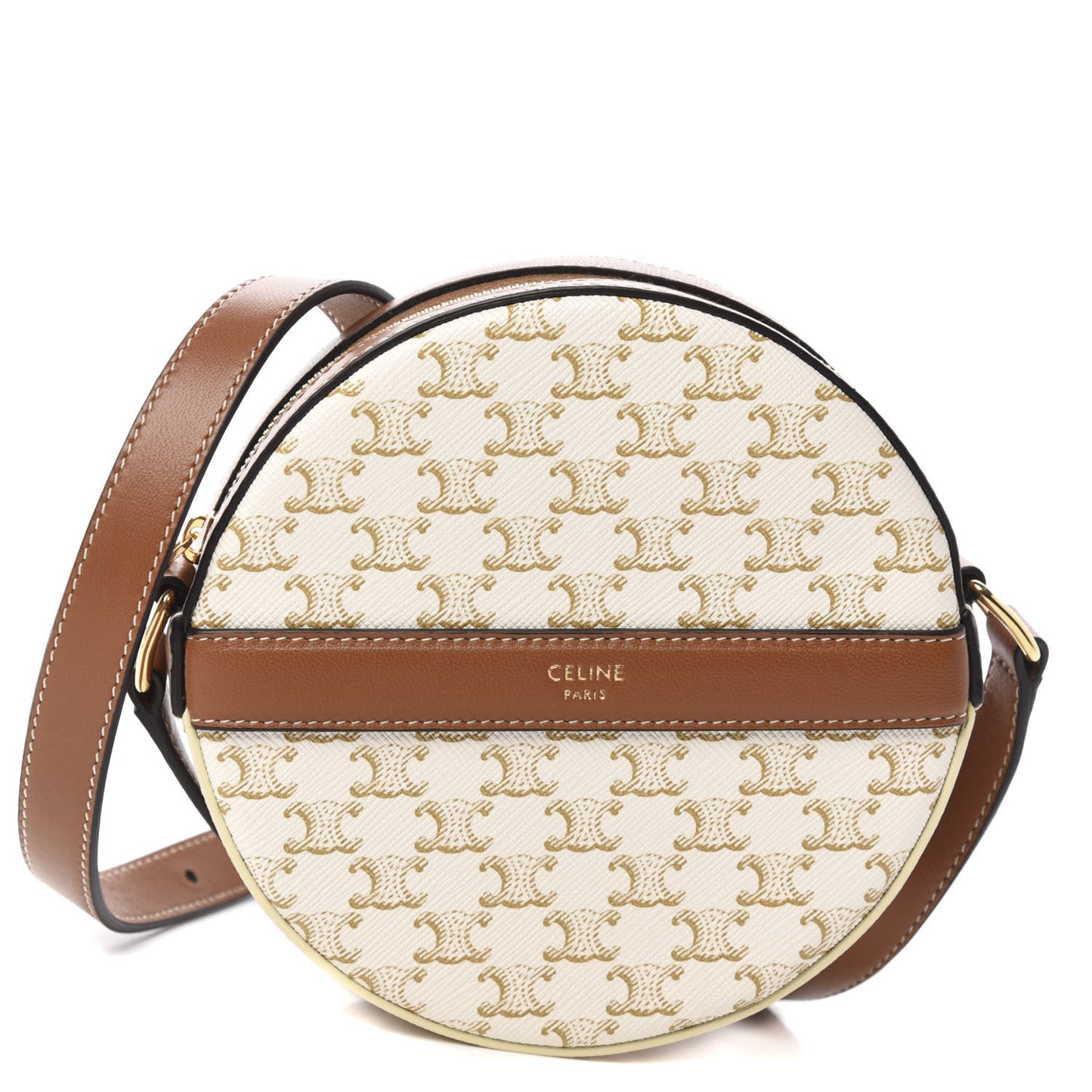 Lambskin Triomphe Canvas Round Purse On Strap White Tan