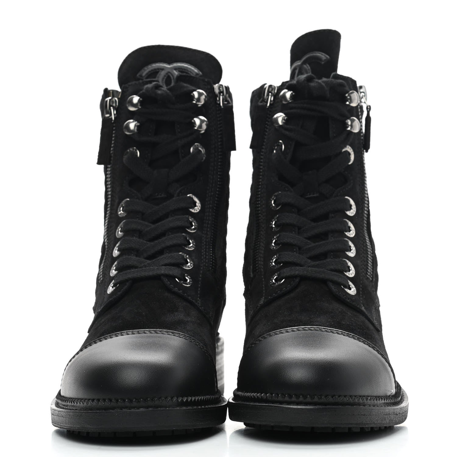 Chanel Suede Quilted CC Lace Up Combat Boots 37.5 Black 2 of 8