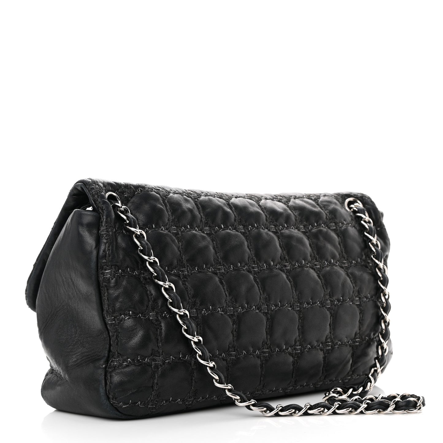 Lambskin Tweed Double Stitch Maxi Flap Black