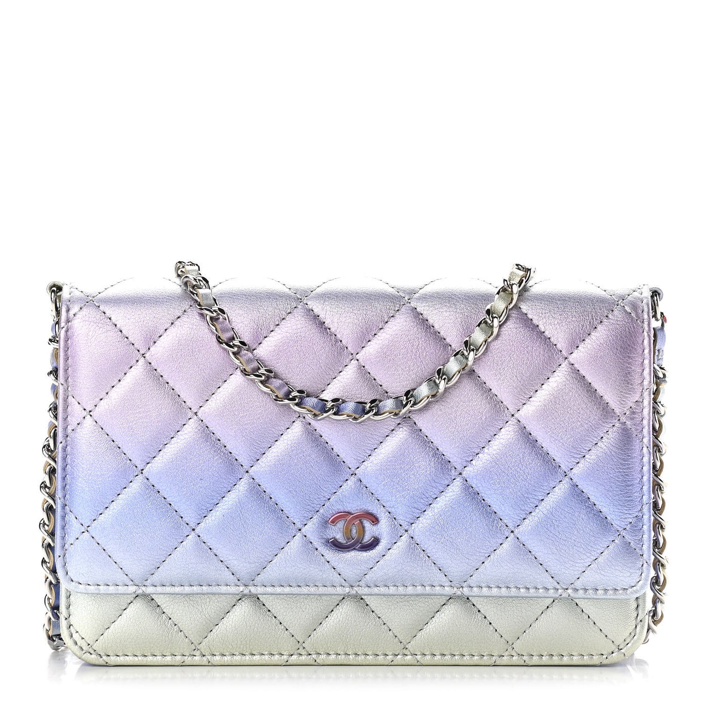 Gradient Metallic Calfskin Quilted Wallet On Chain WOC Silver Blue Yellow Purple