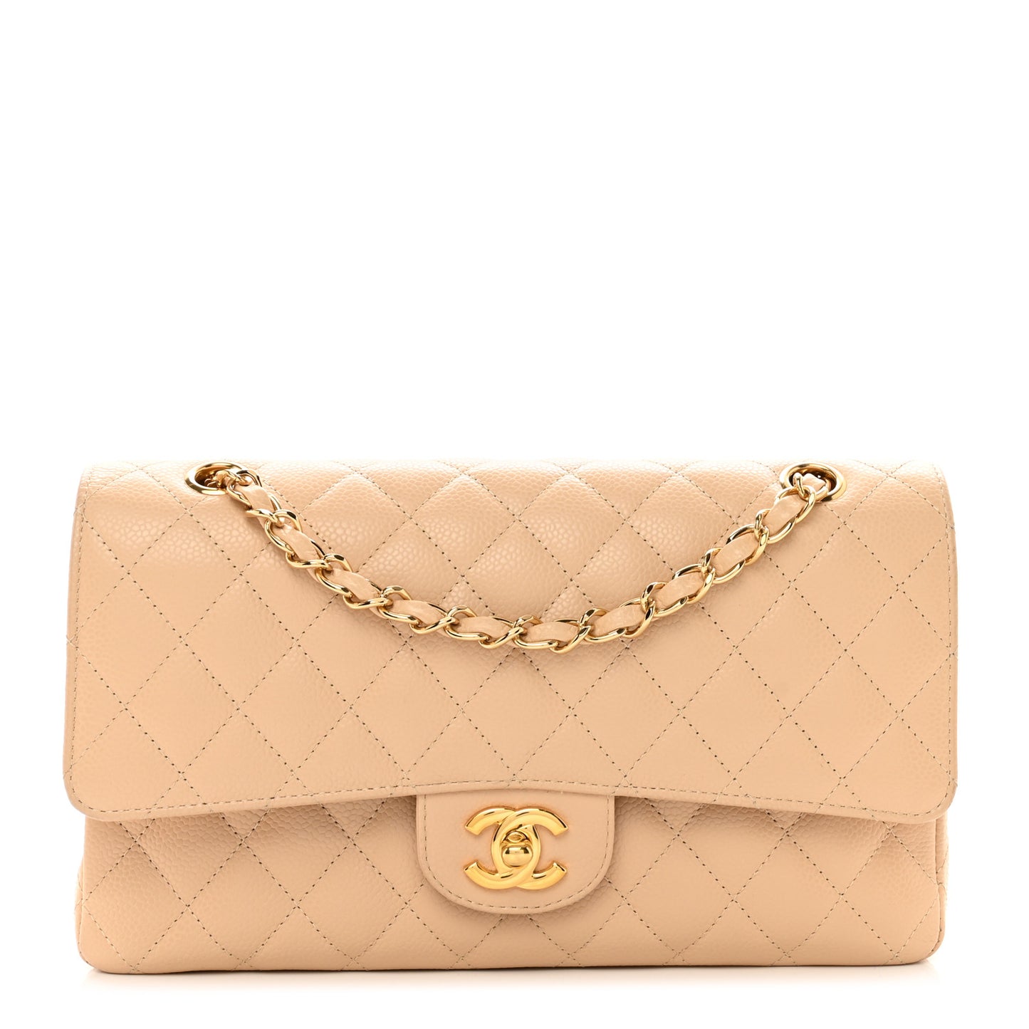 Caviar Quilted Medium Double Flap Beige