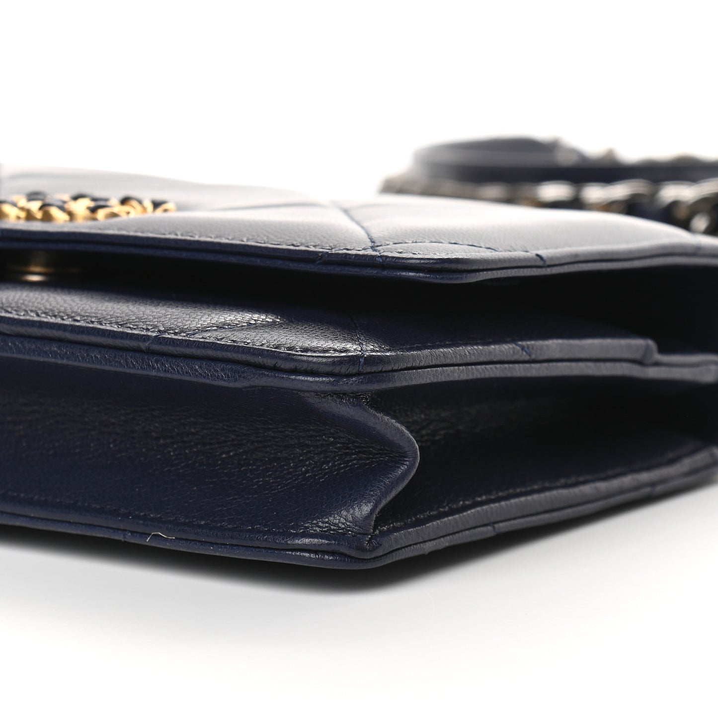 Shiny Goatskin Quilted Chanel 19 Wallet On Chain WOC Dark Blue