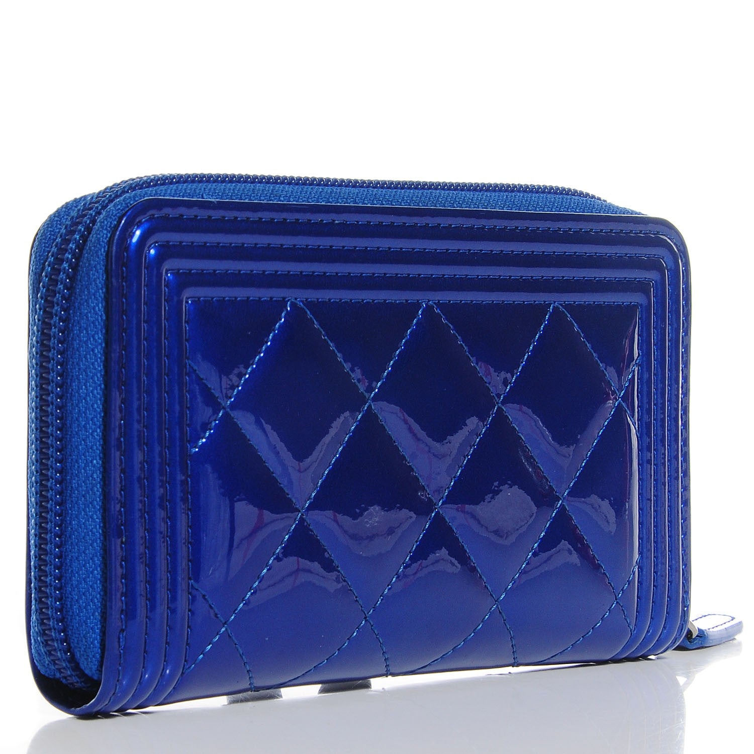 Chanel Metallic Patent Quilted Boy Zip Around Wallet Blue 3 of 9