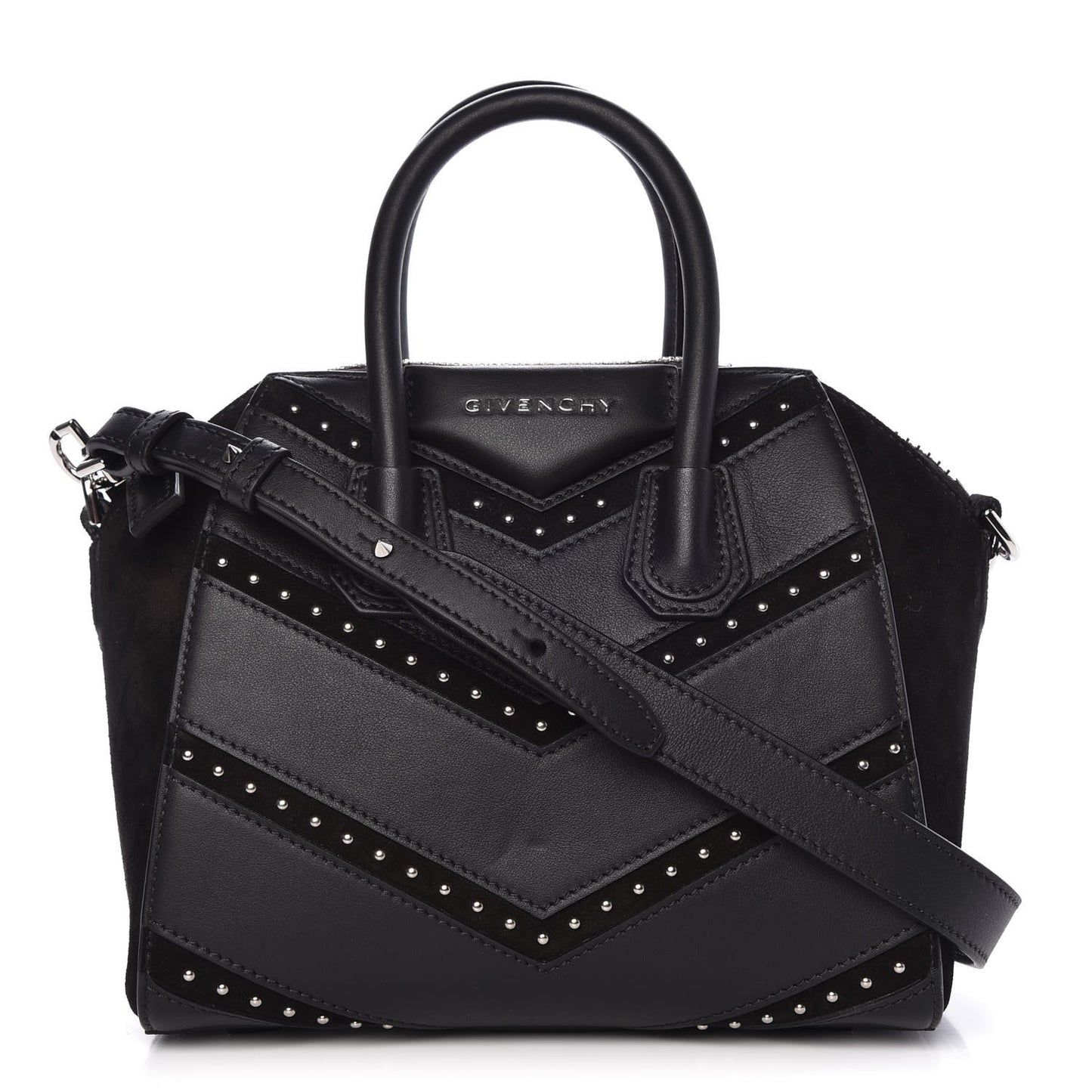Calfskin Suede Mini Studded Chevron Antigona Black