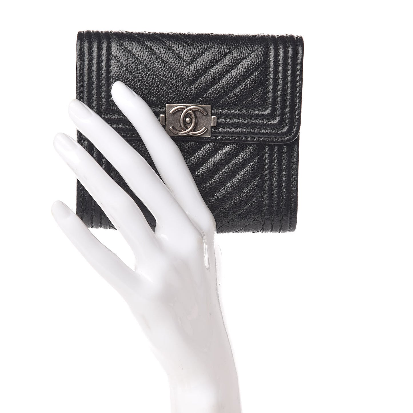 Caviar Chevron Quilted Boy Compact Wallet Black