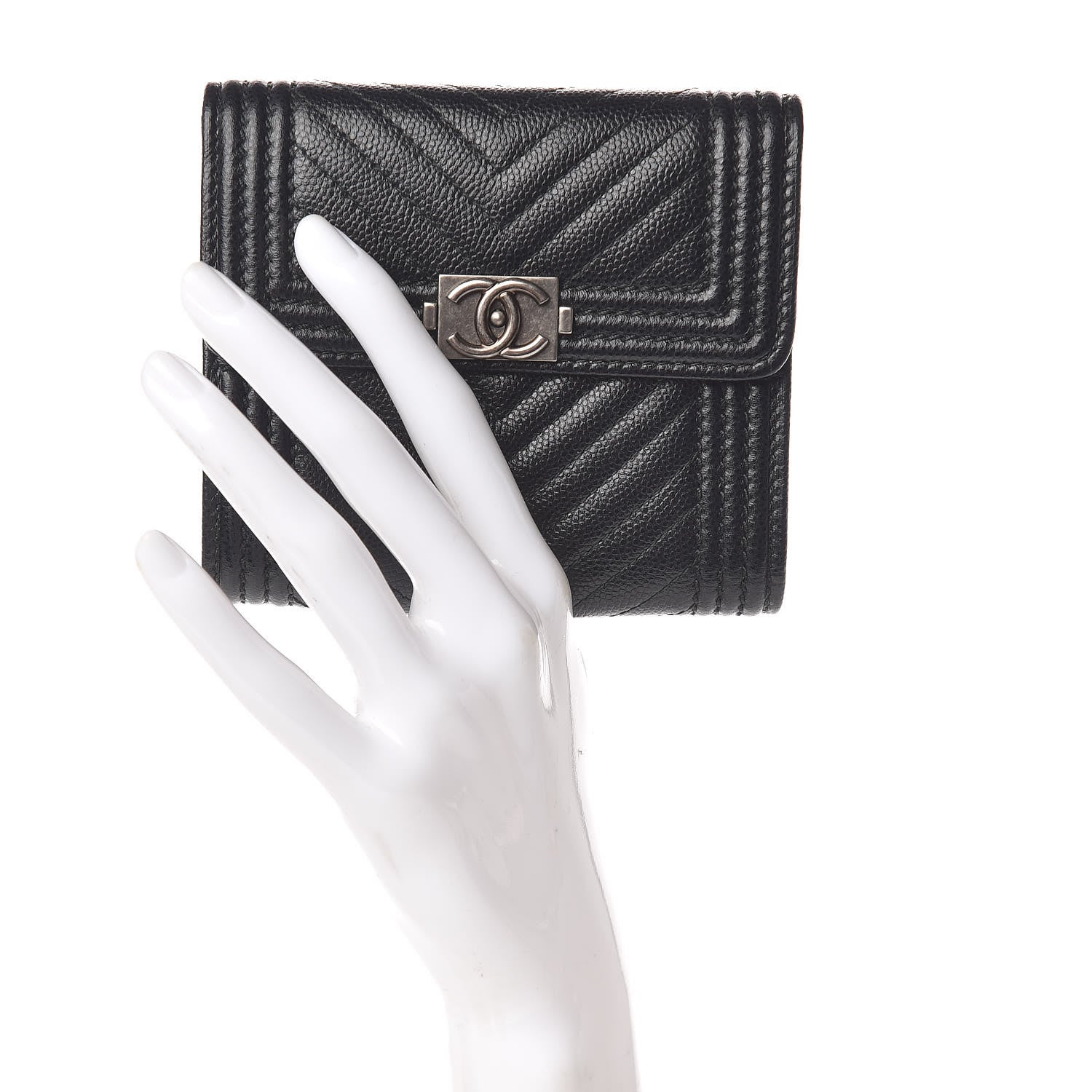 Chanel Caviar Chevron Quilted Boy Compact Wallet Black 2 of 9