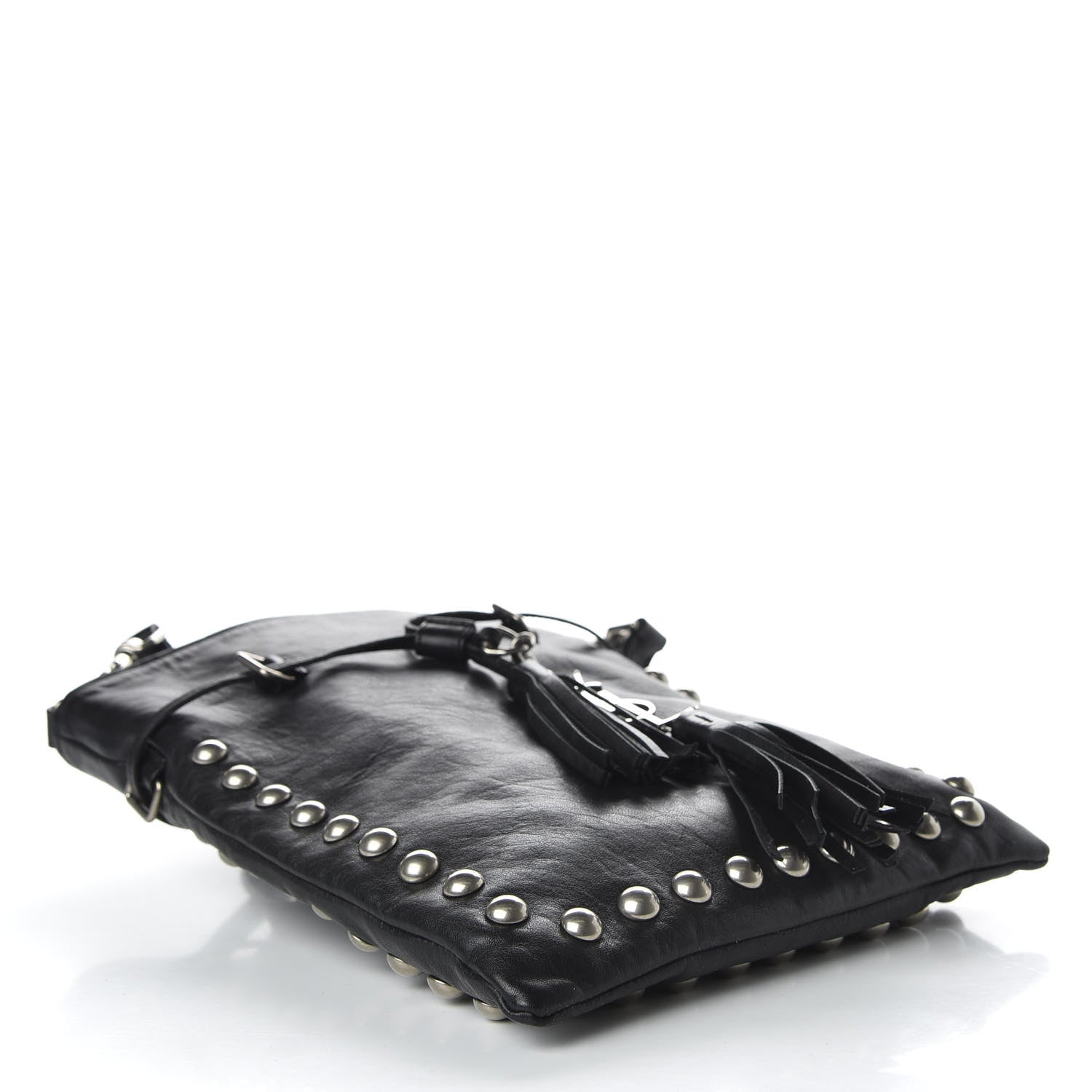 Saint Laurent Calfskin Studded Monogram Flat Bucket Black 4 of 9