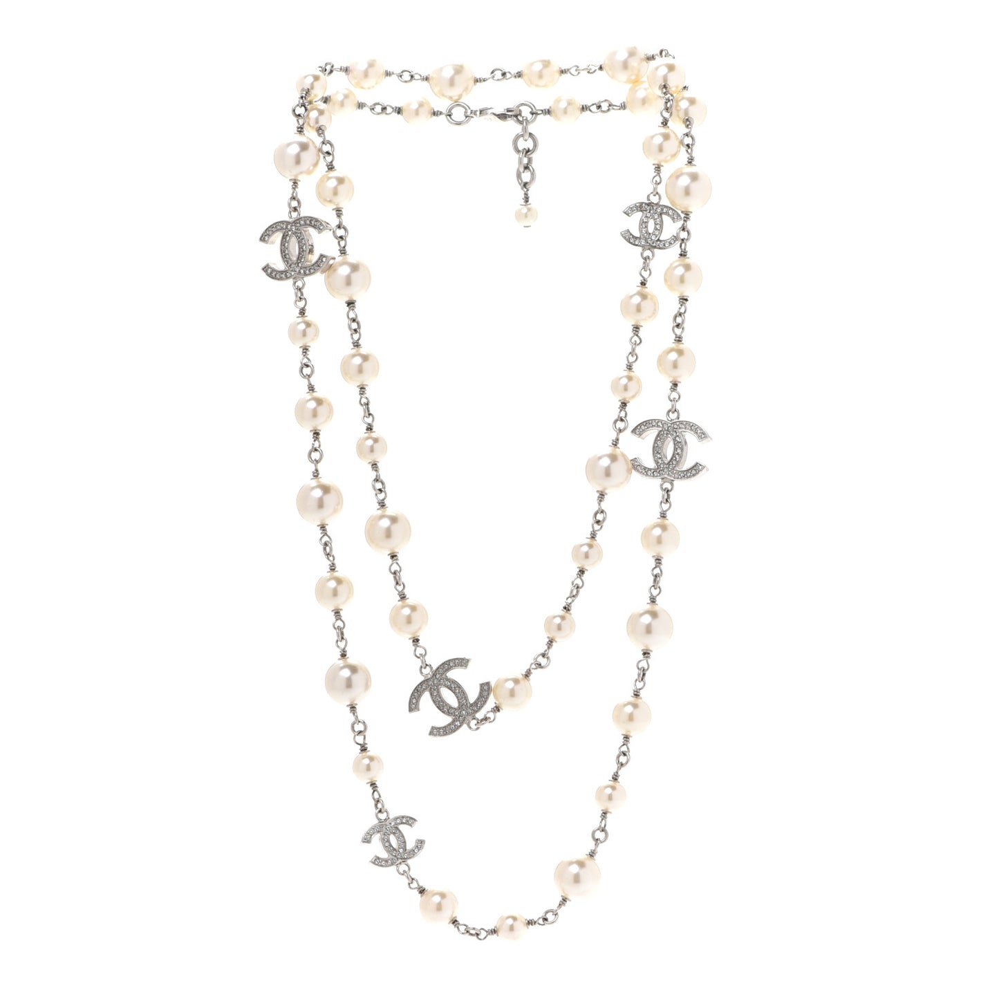 Crystal Pearl CC Long Necklace Silver