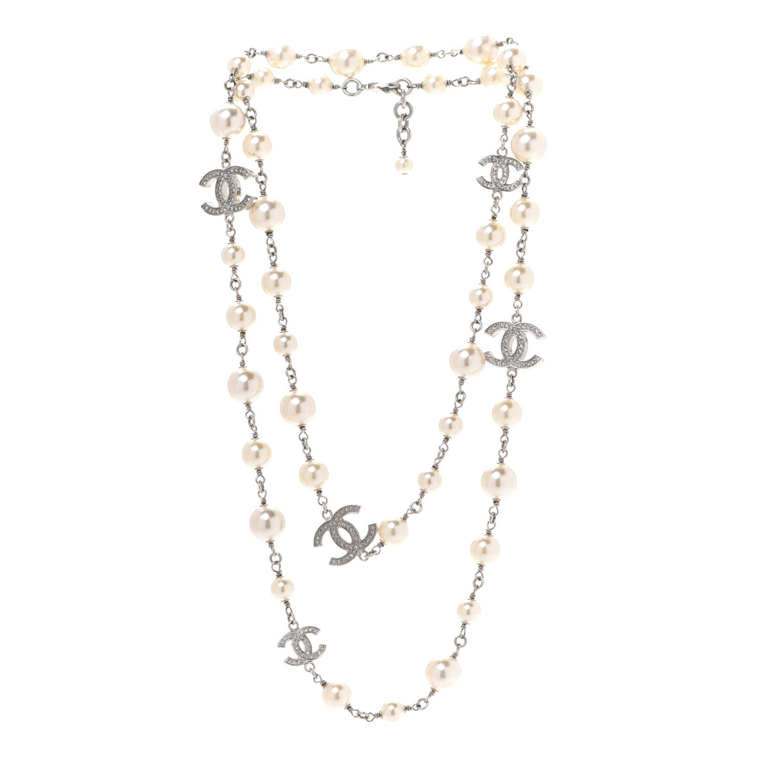 Chanel Crystal Pearl CC Long Necklace Silver 3 of 6