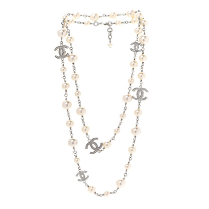 Chanel Crystal Pearl CC Long Necklace Silver 3 of 6